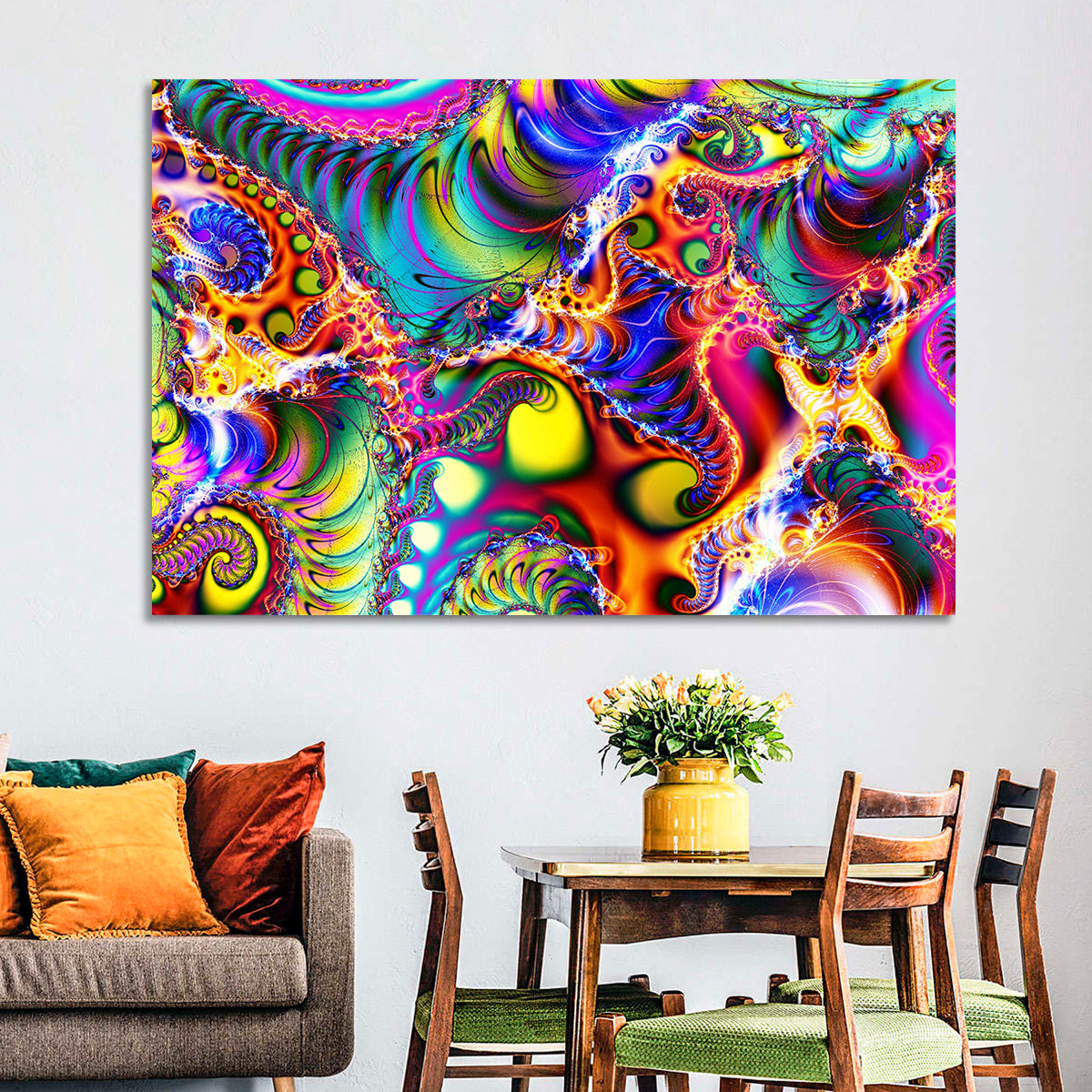 Chromatic Fractal Swirls Wall Art in a room, landscape