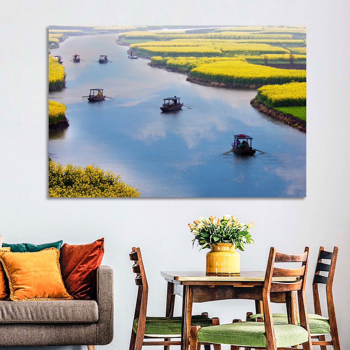 Spring River Rowboats in Rapeseed Fields Wall Art