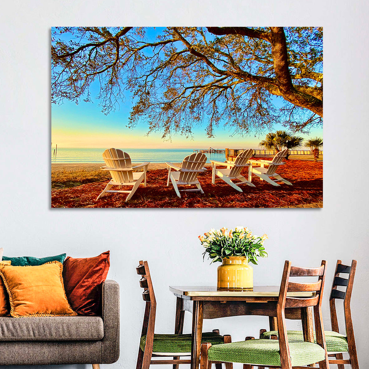 Mobile Bay Adirondack Chairs at Sunrise Wall Art in a room, landscape