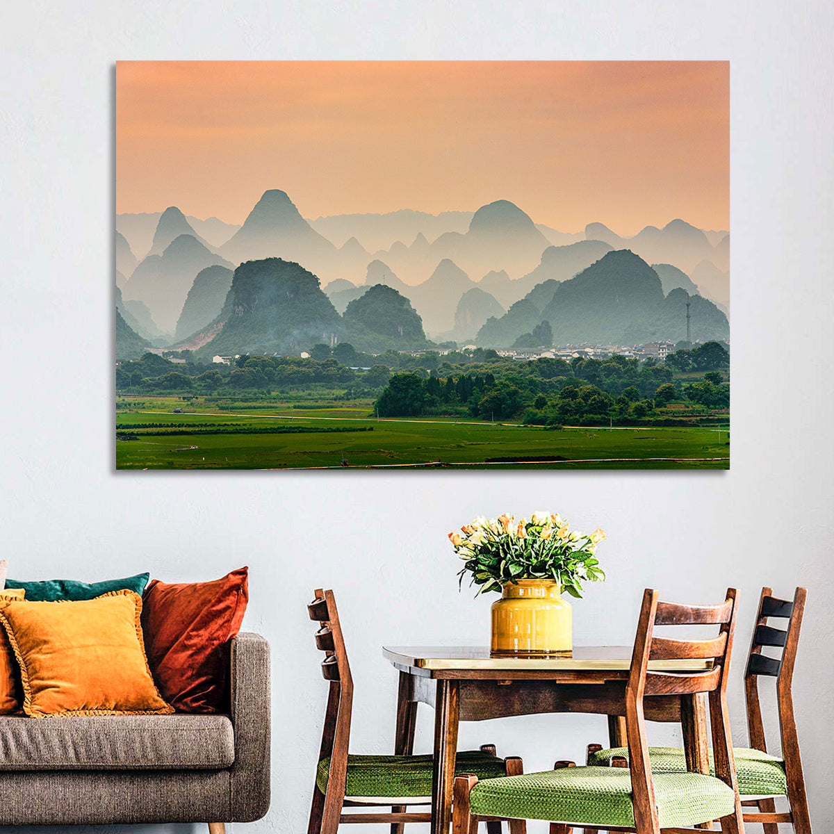 Misty Karst Mountains Wall Art in a room, landscape