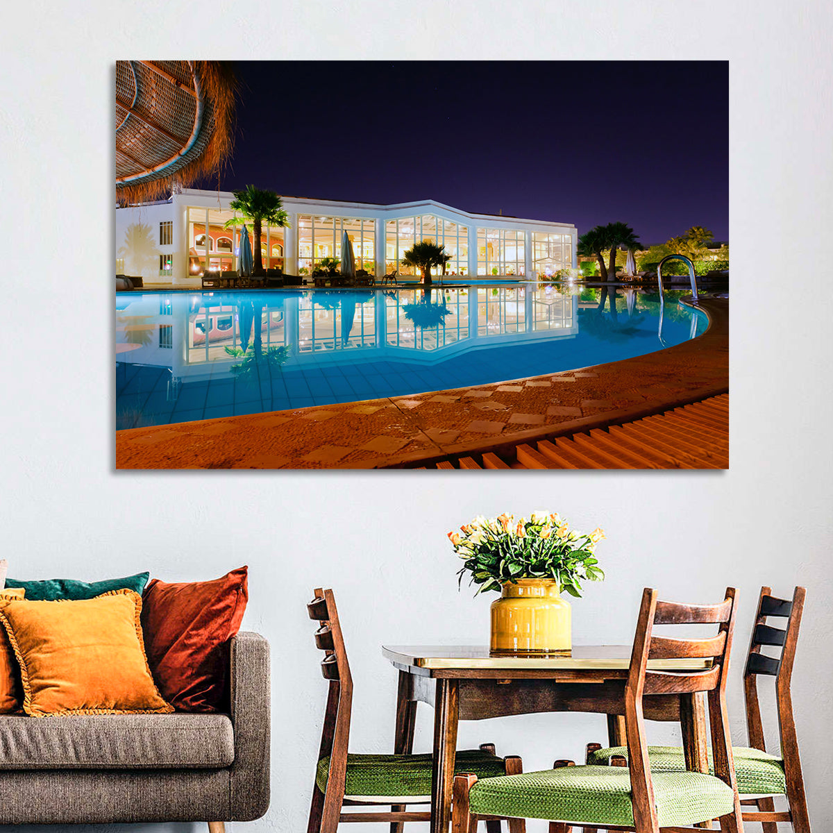 Moonlit Resort Pool Reflection Wall Art in a room, landscape