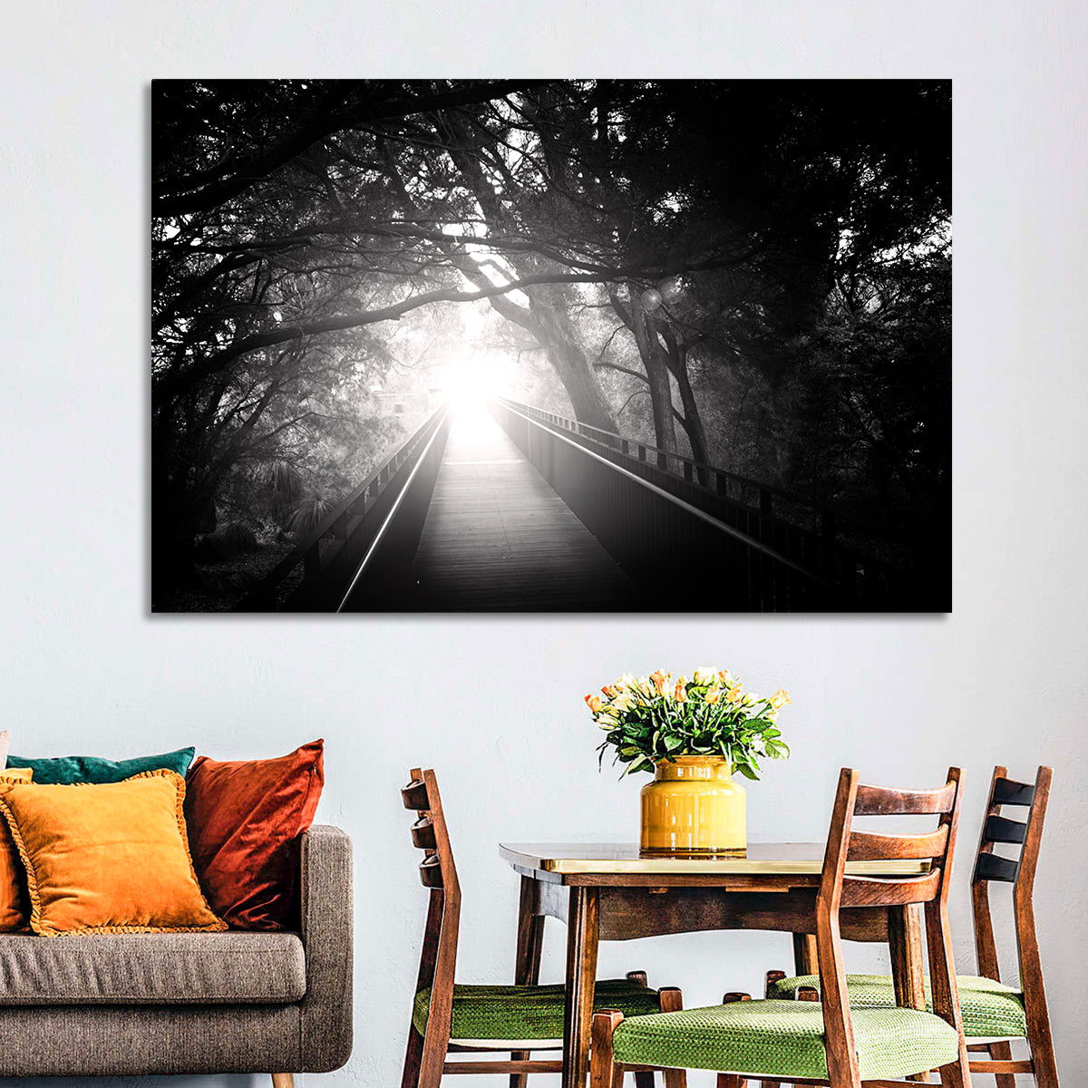 Foggy Forest Bridge Wall Art in a room, landscape