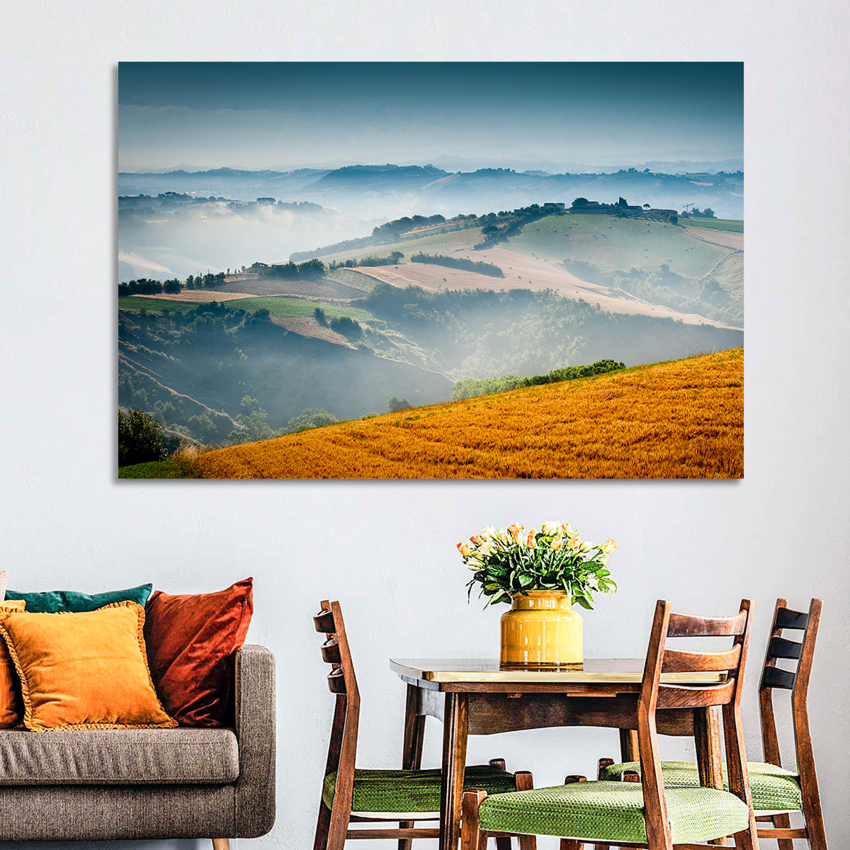Morning Mist Over Tuscany Wall Art in a room, landscape