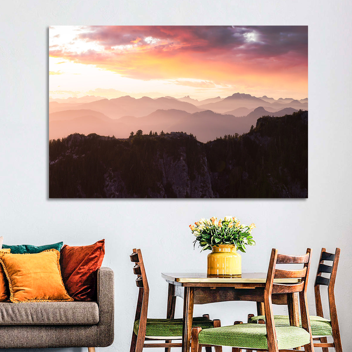 Vancouver Mountains at Sunset Wall Art in a room, landscape