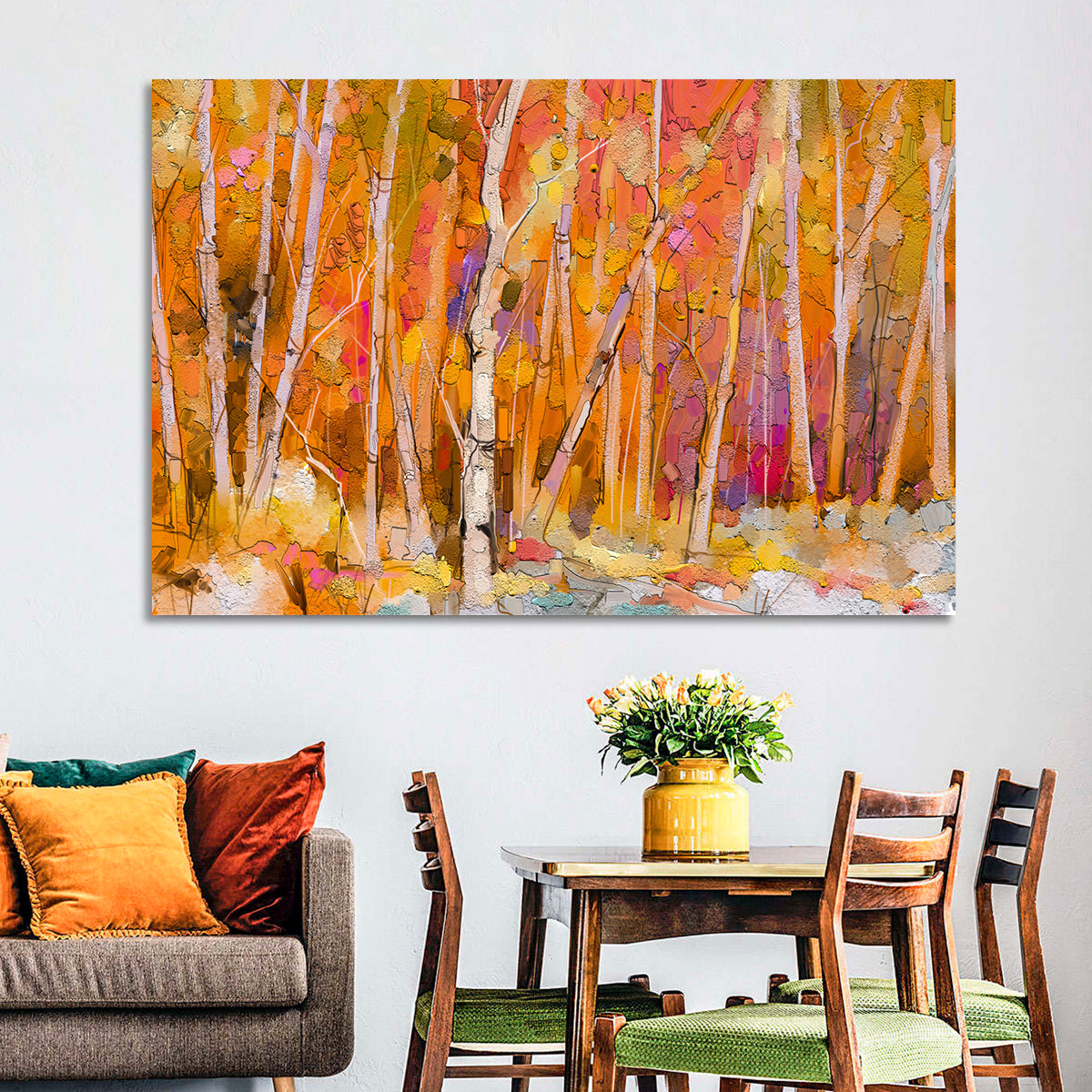 Autumn Birch Grove Painting Wall Art in a room, landscape
