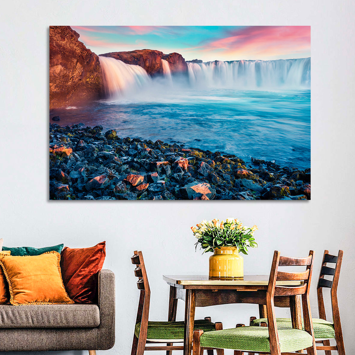 Goðafoss Waterfall at Sunset Wall Art in a room, landscape