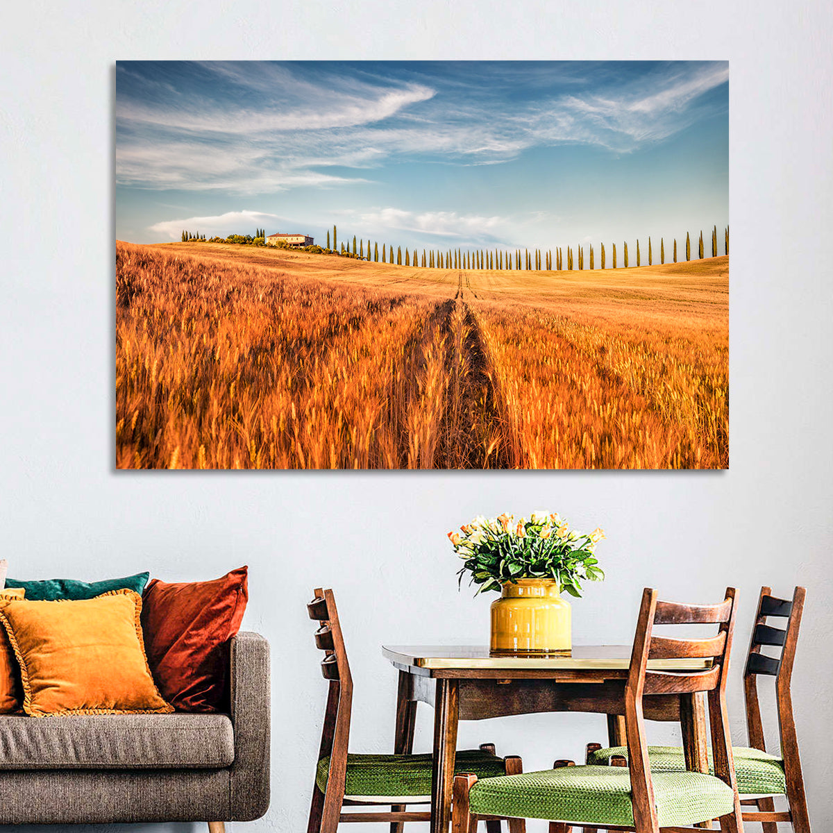 Tuscan Wheat Field Wall Art in a room, landscape
