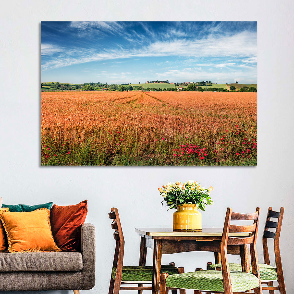 Golden Wheat Field with Poppies Wall Art in a room, landscape