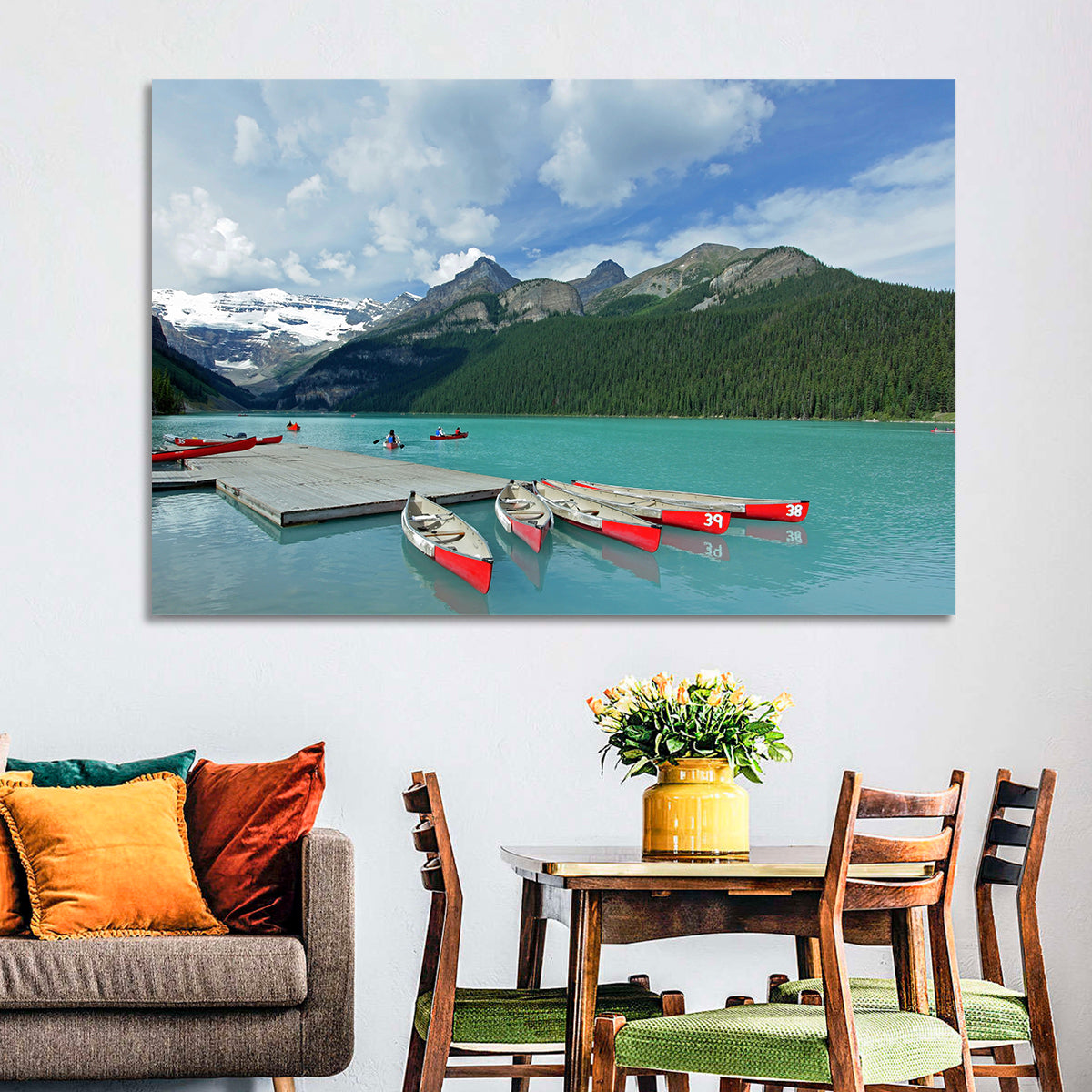Red Canoes at Lake Louise Wall Art in a room, landscape