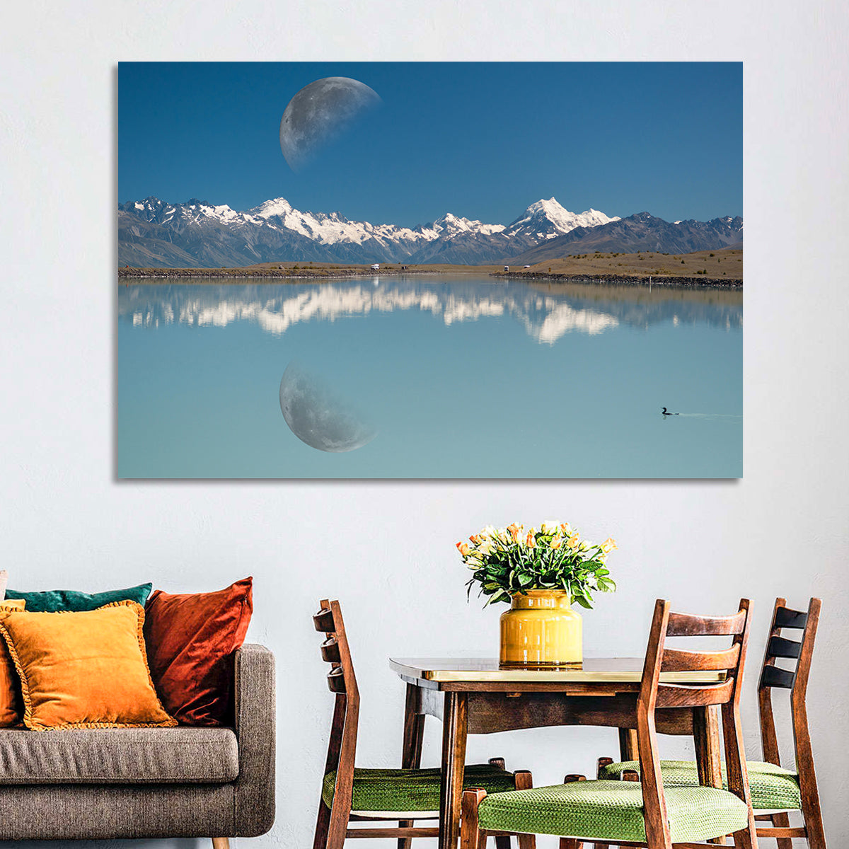 Moon Over Mt Cook and Lake Pukaki Wall Art in a room, landscape
