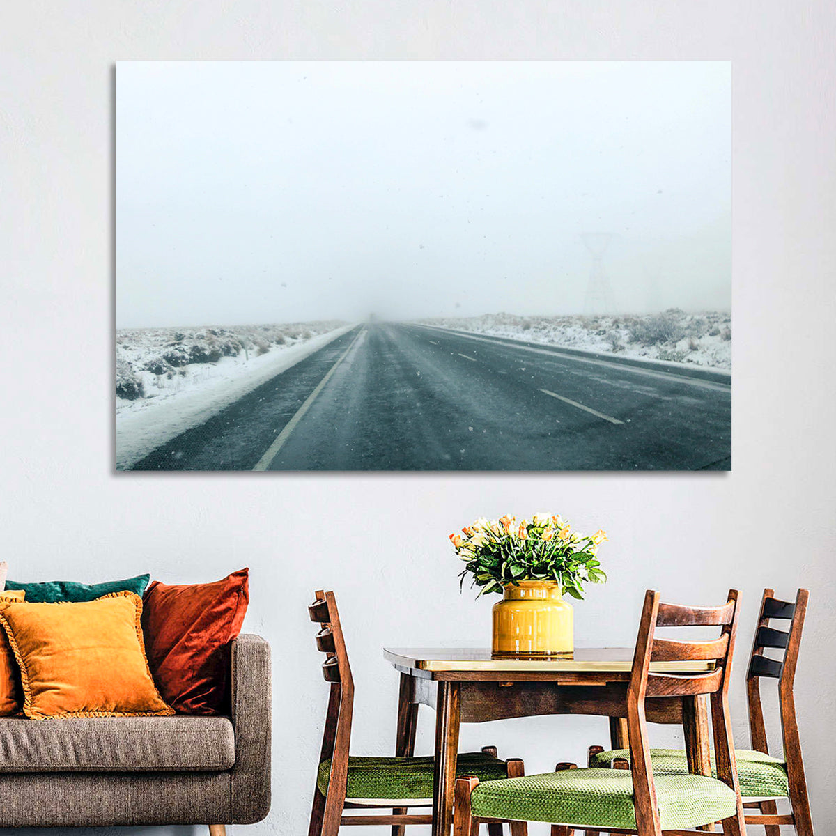 Foggy Winter Mountain Road Wall Art in a room, landscape