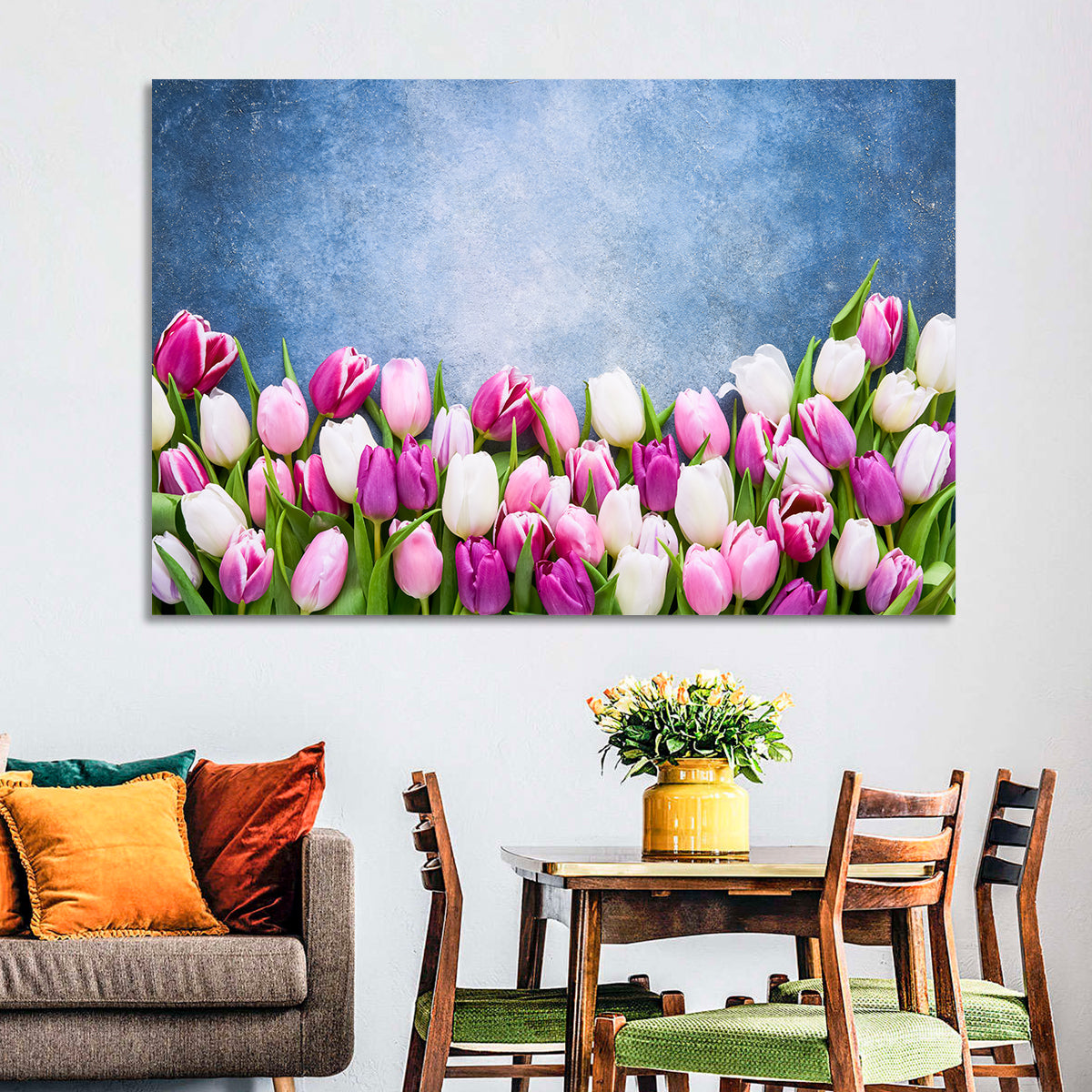 Tulips on Textured Blue Wall Art in a room, landscape
