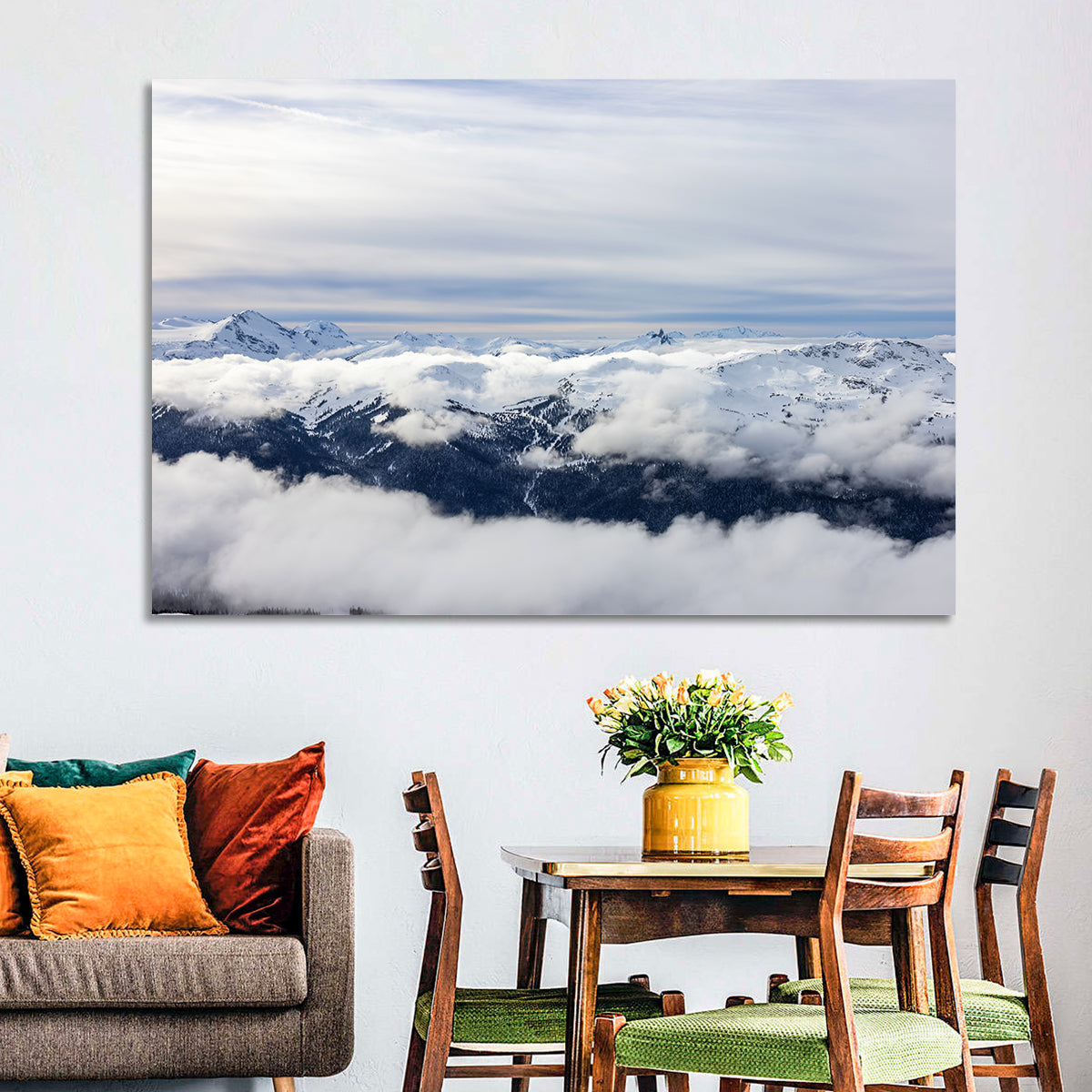 Snow-capped Whistler Peaks Wall Art in a room, landscape