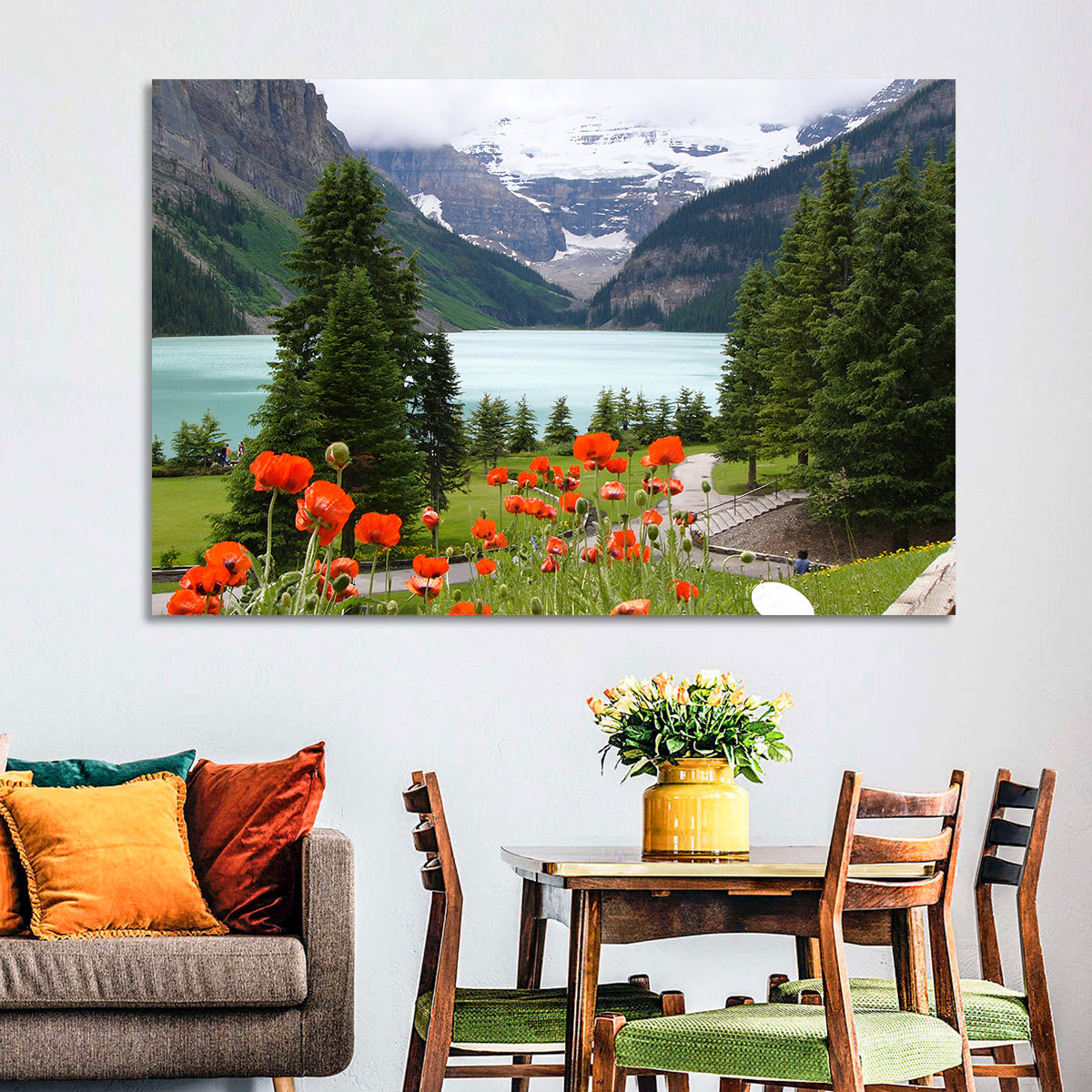 Lake Louise Poppies Wall Art in a room, landscape