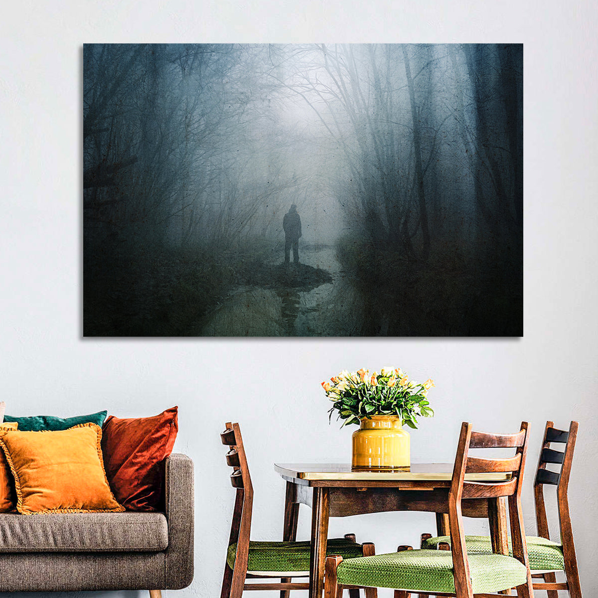 Foggy Forest Pathway Wall Art in a room, landscape