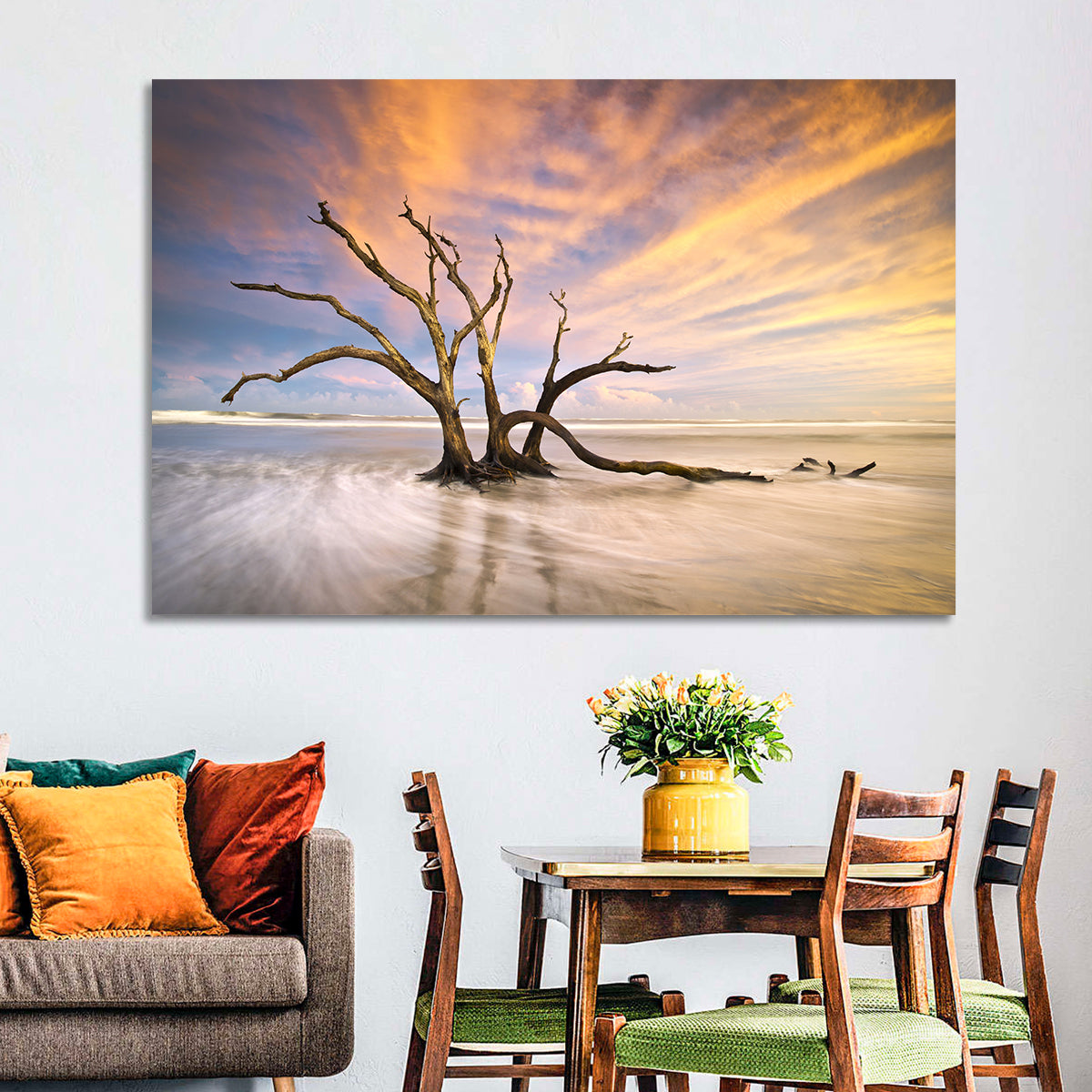 Folly Beach Driftwood Sunset Wall Art in a room, landscape