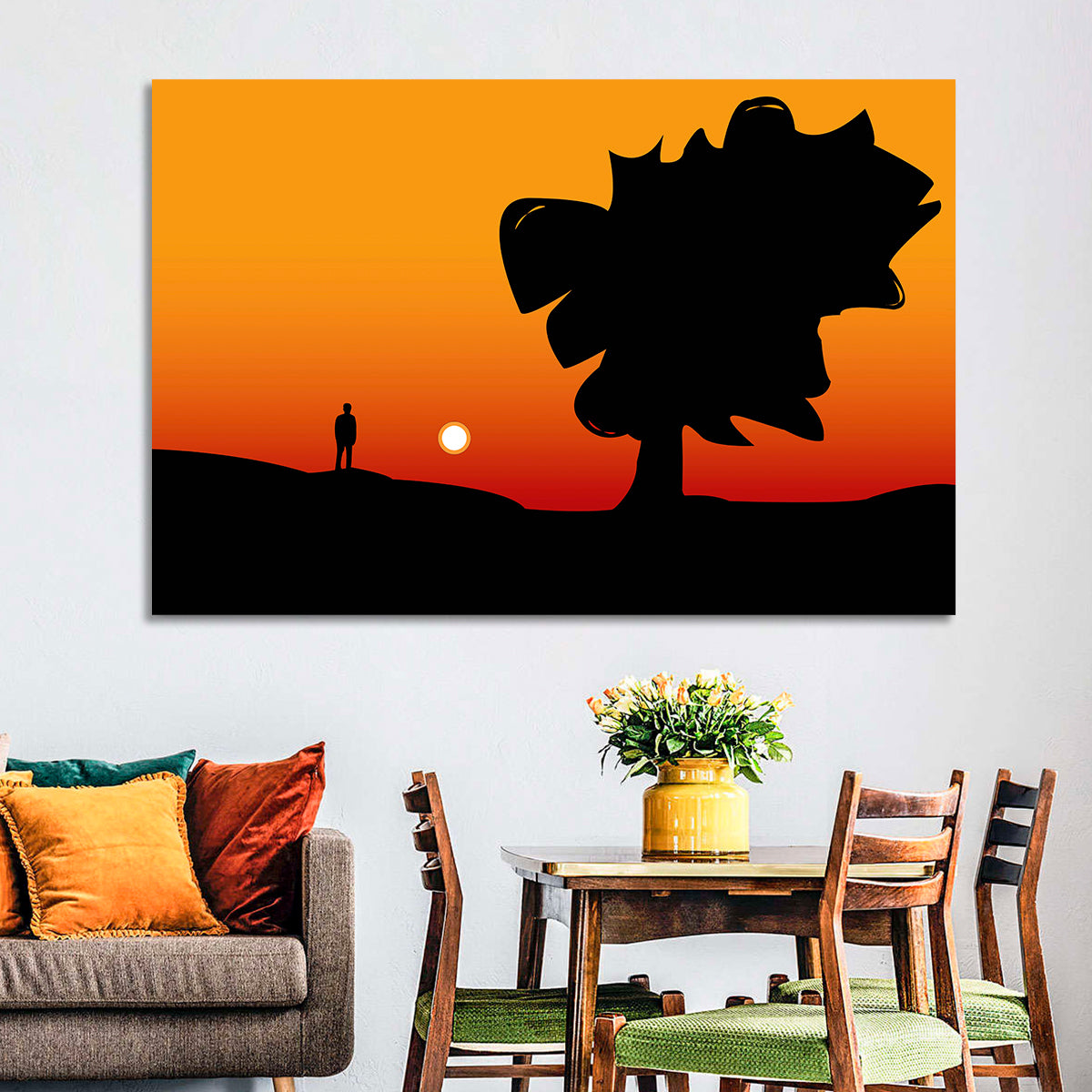 Solitary Sunset Silhouette Wall Art in a room, landscape
