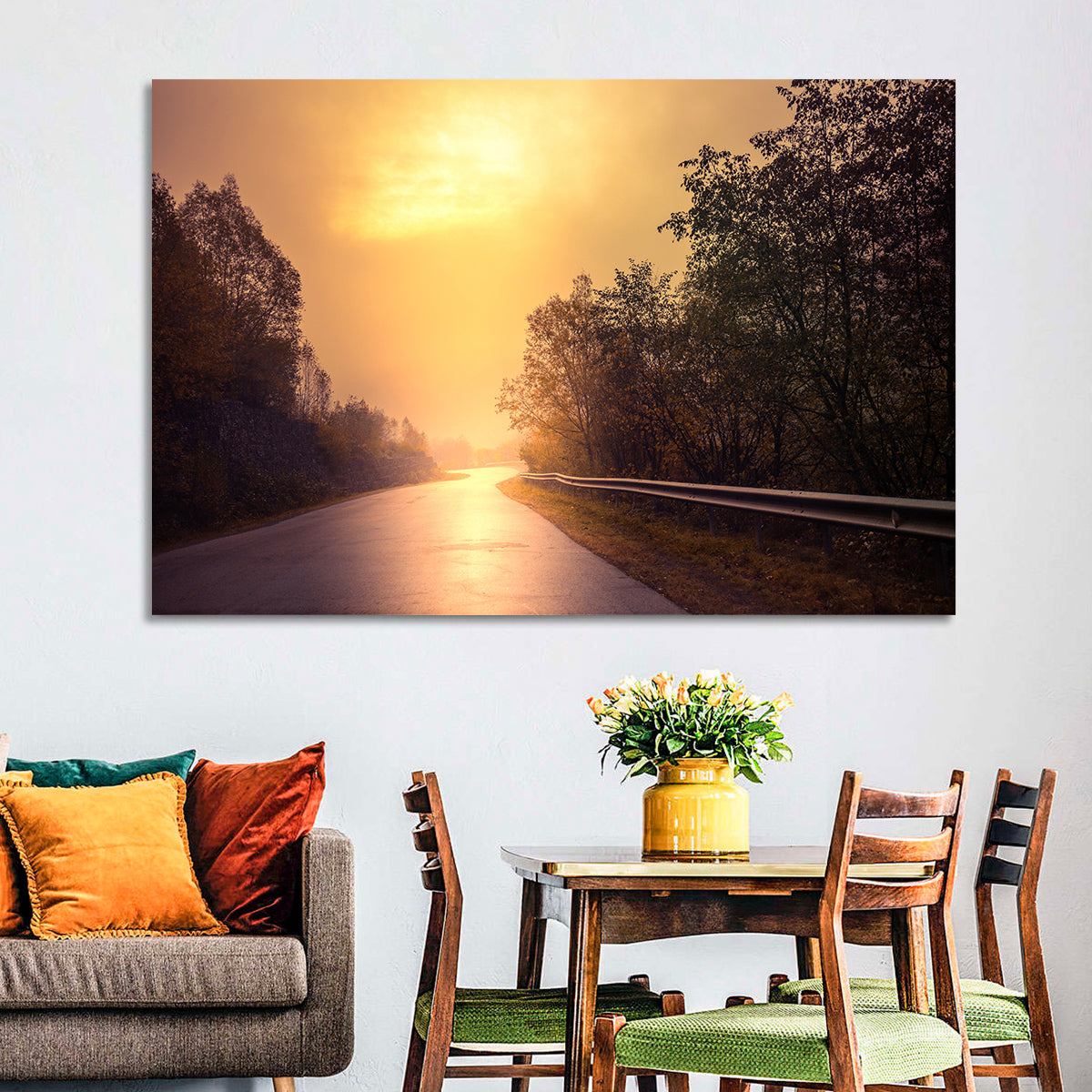 Windy Misty Forest Road Wall Art in a room, landscape