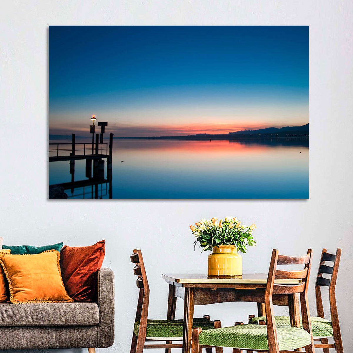 Lake Geneva Sunrise Pier Wall Art in a room, landscape