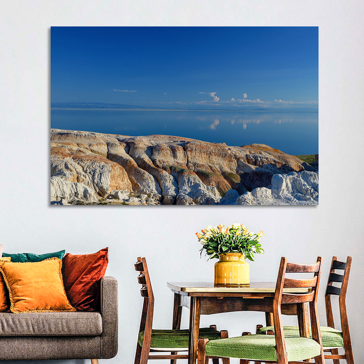 Shekelmes Tract Cliff Over Lake Wall Art in a room, landscape