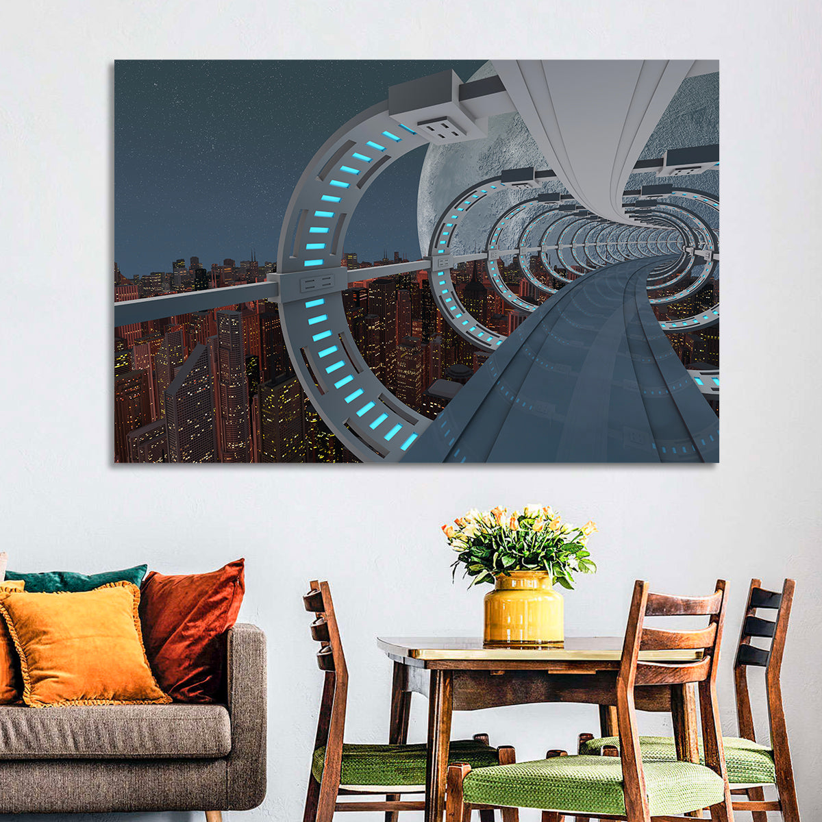 Futuristic City Tunnel with Moon Wall Art in a room, landscape