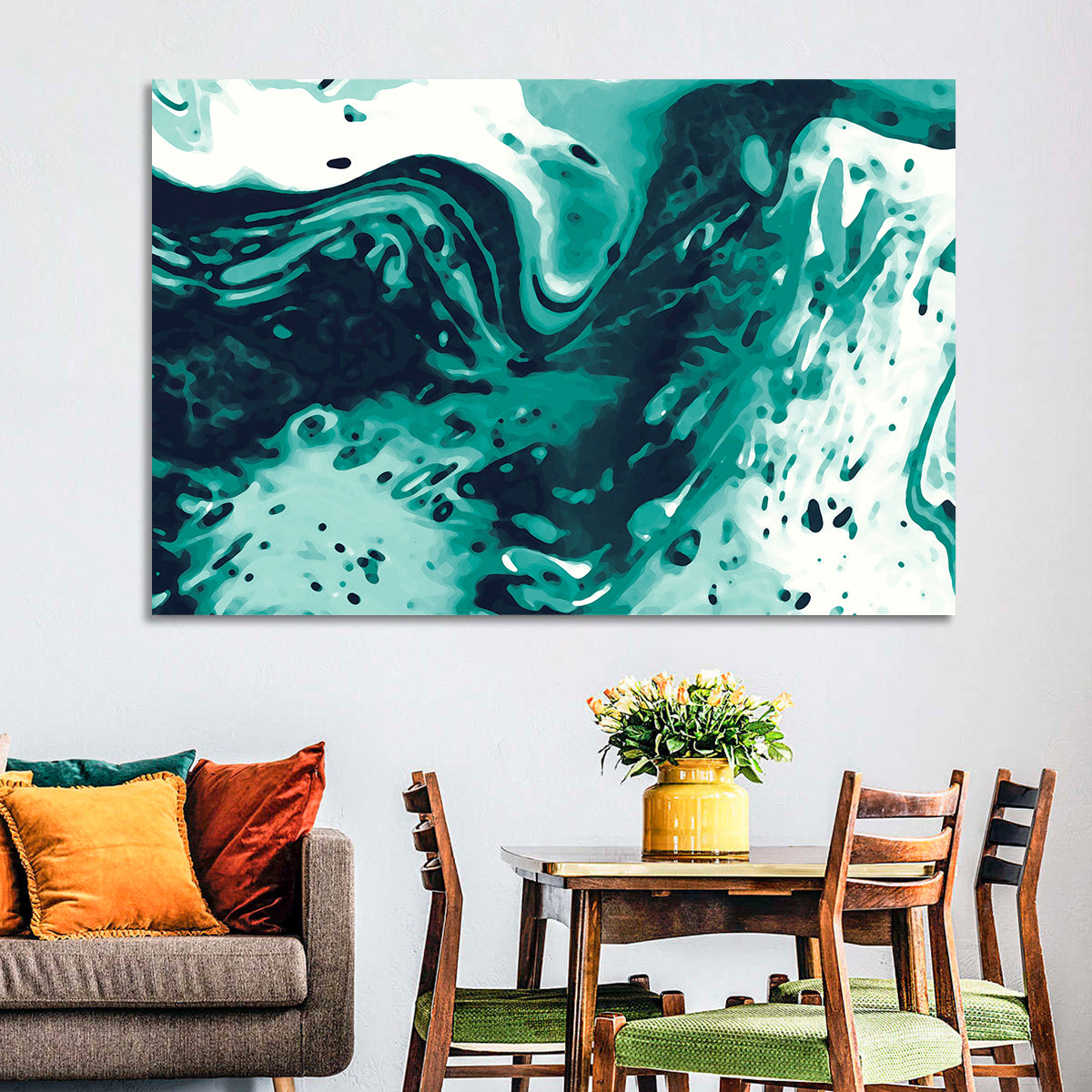 Teal Wave Abstract Wall Art in a room, landscape