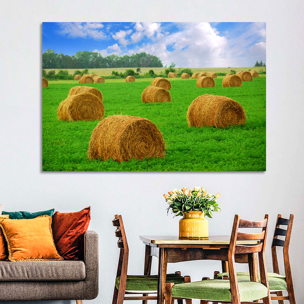 Golden Hay Bales in Green Field Wall Art