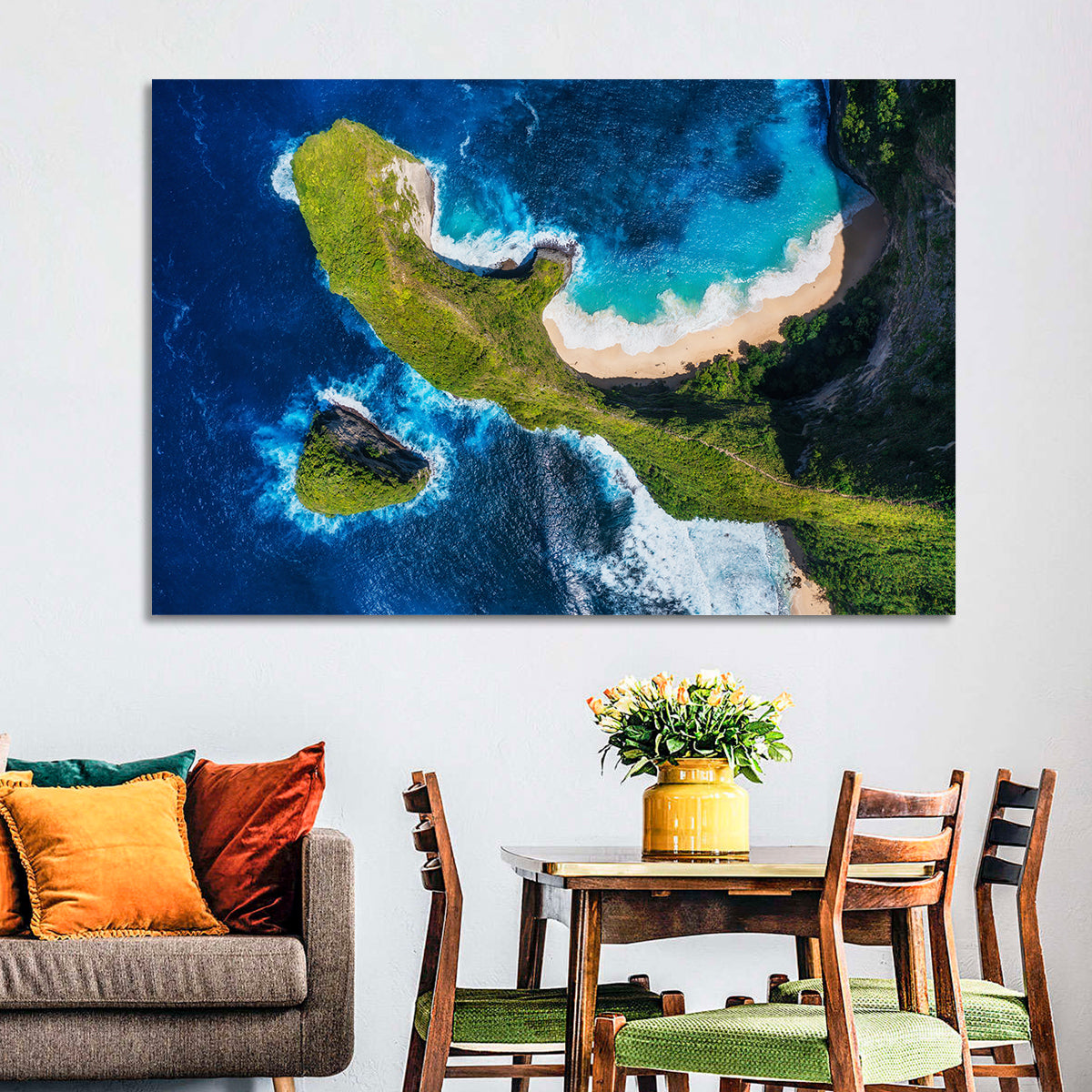 Kelingking Beach Cliffs Wall Art in a room, landscape