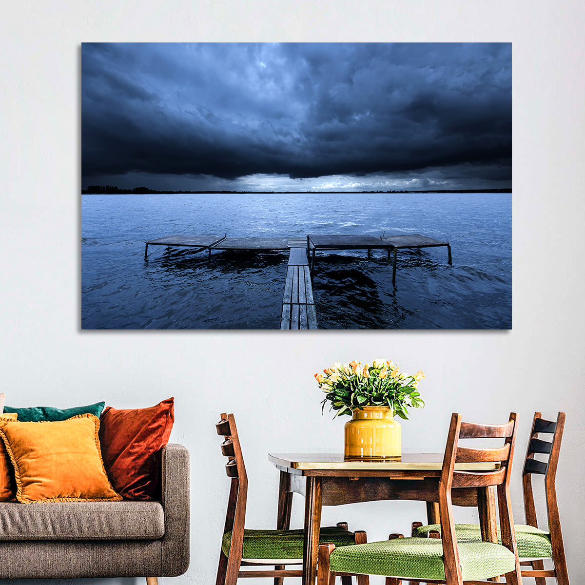 Stormy Lake Pier Wall Art in a room, landscape