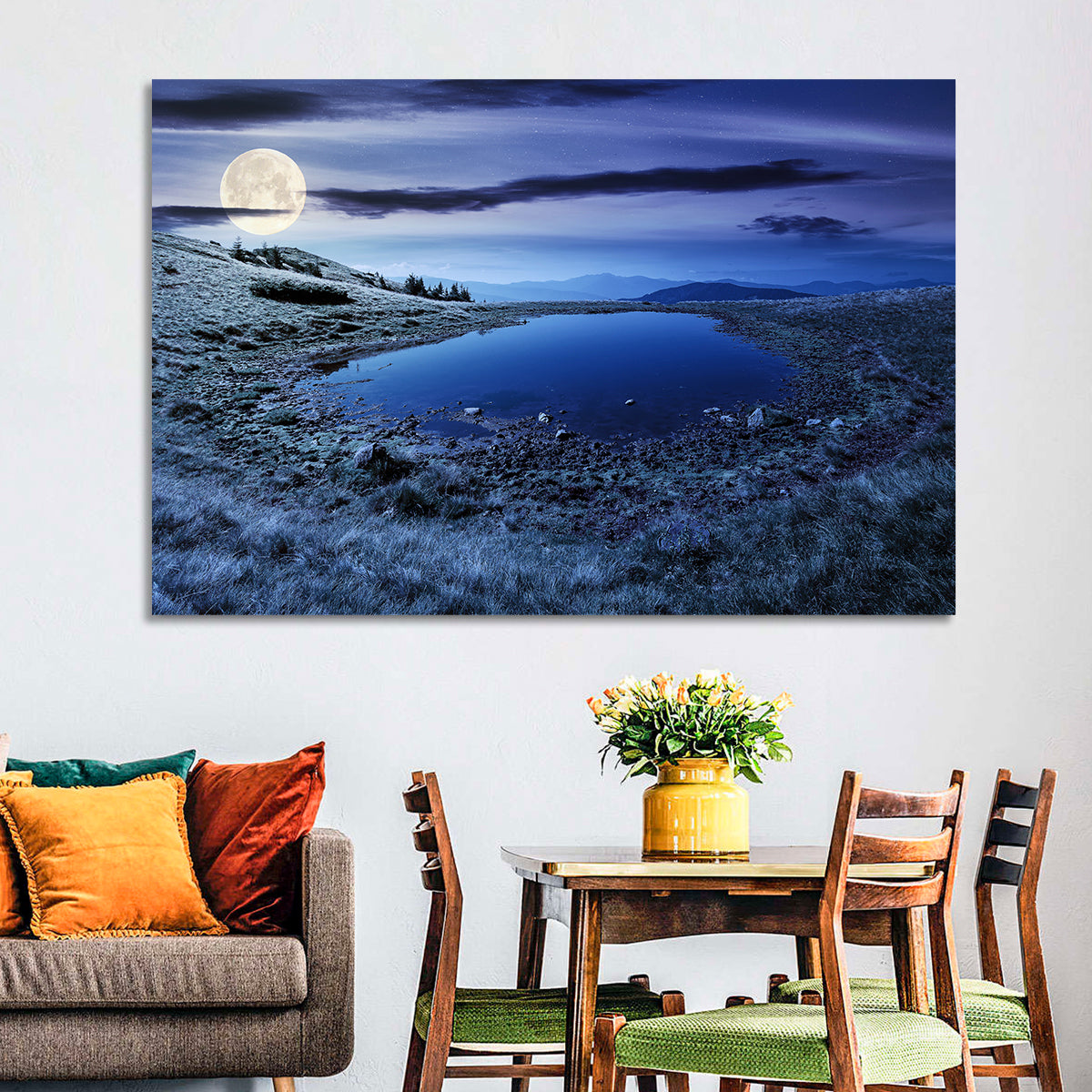 Mountain Lake at Night Wall Art in a room, landscape