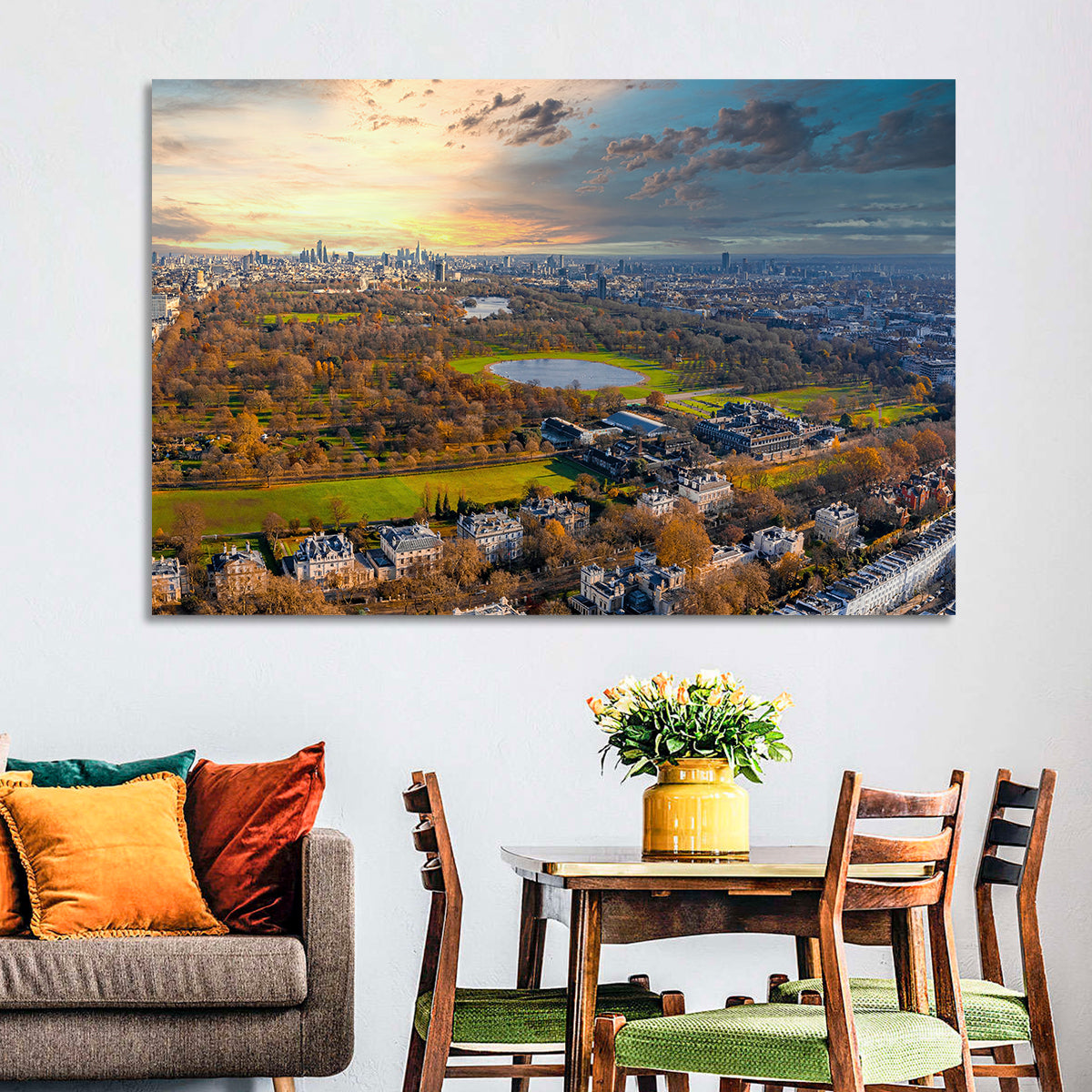Cloudy Hyde Park Aerial Wall Art in a room, landscape