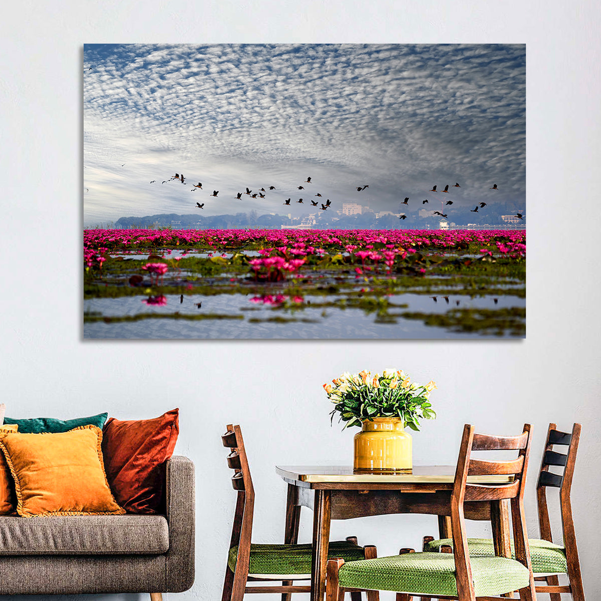 Red Lotus Lake Wall Art in a room, landscape