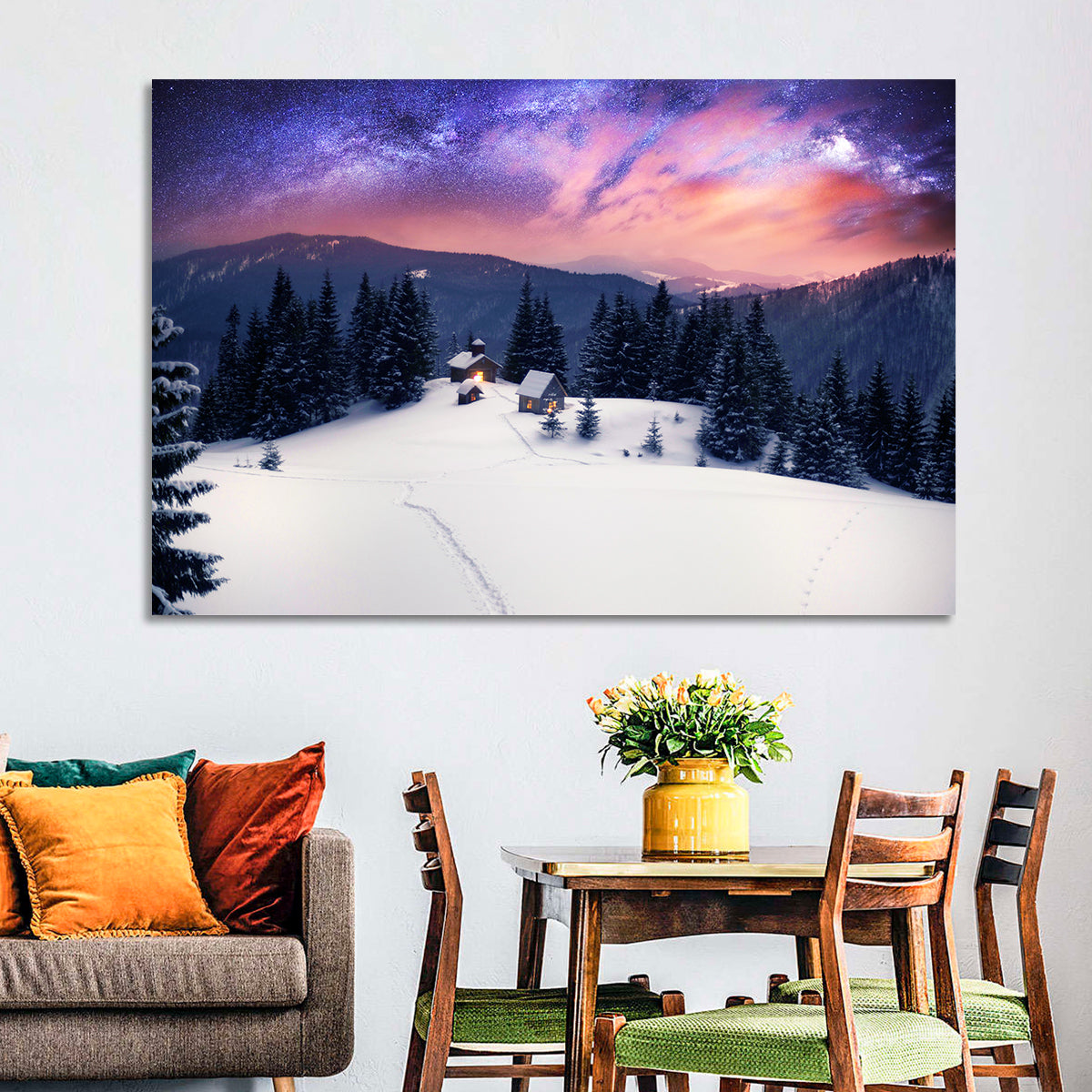 Starry Winter Cabins Under the Milky Way Wall Art in a room, landscape