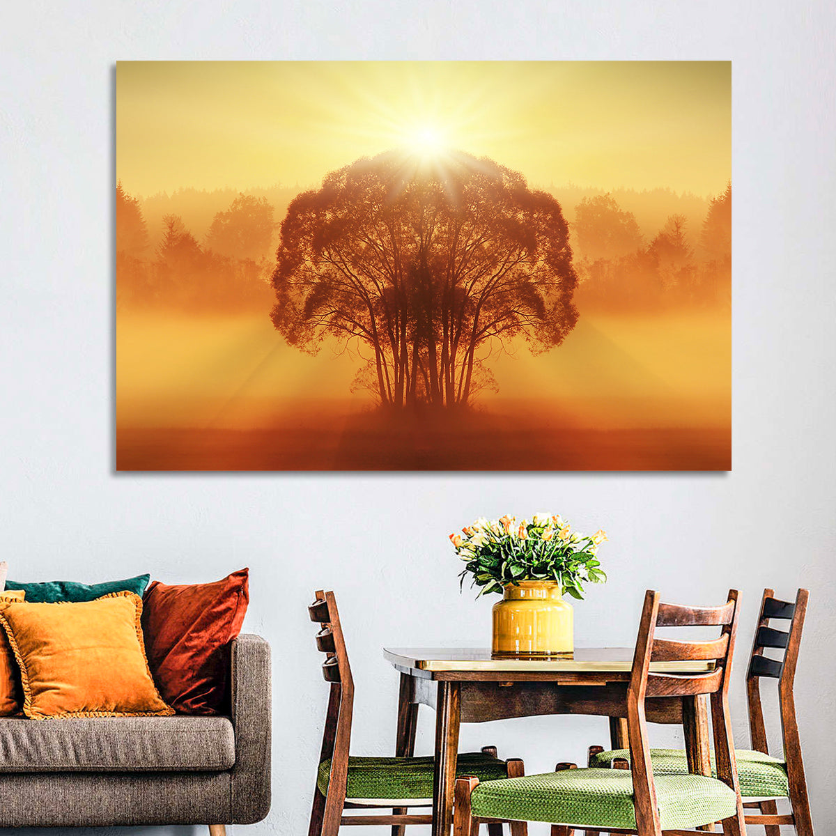 Golden Haze Tree at Sunset Wall Art in a room, landscape