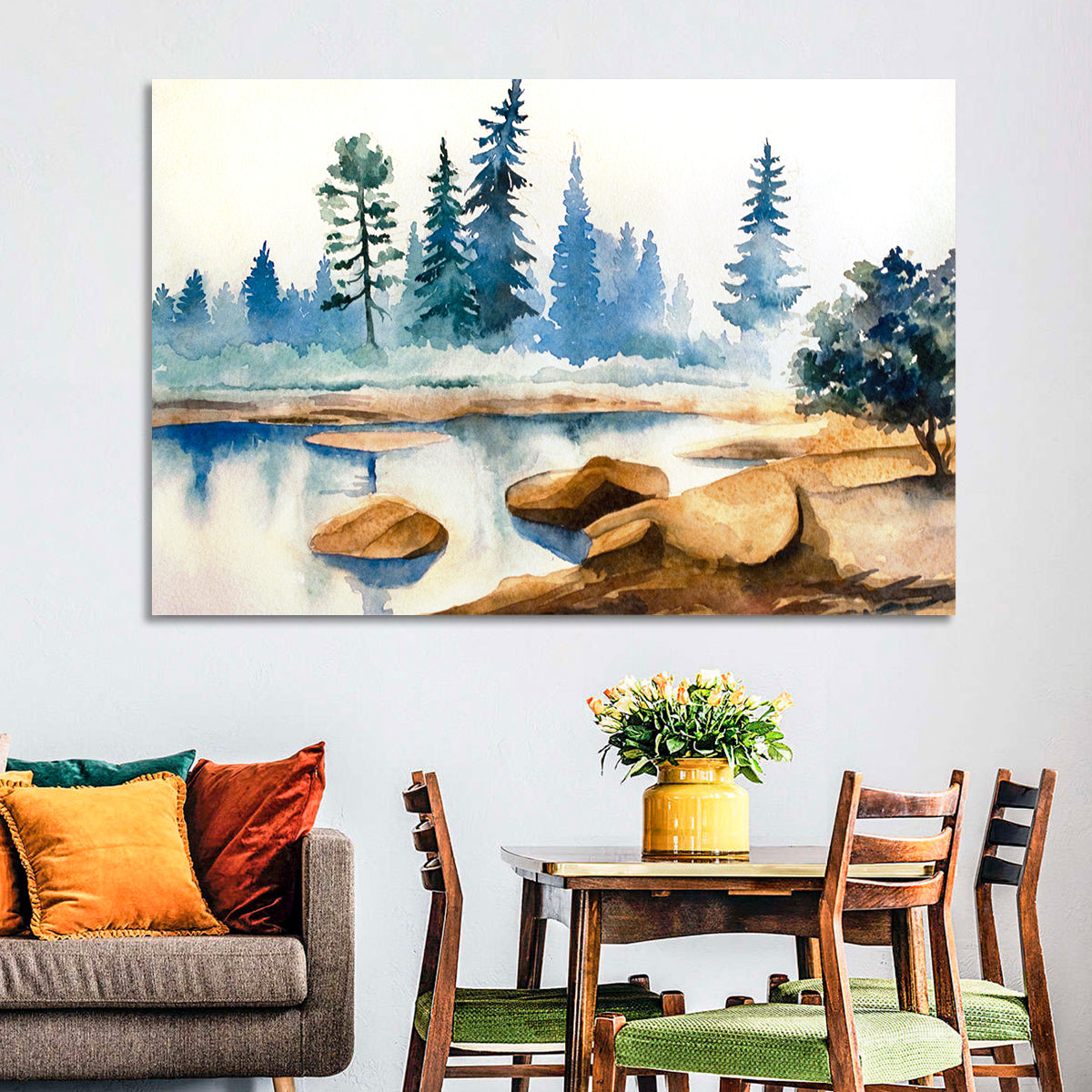 Misty Pine Stream Wall Art in a room, landscape