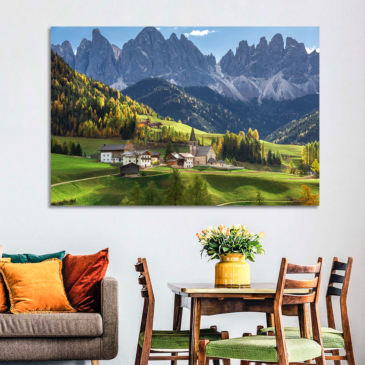 Santa Maddalena Autumn Village Wall Art in a room, landscape