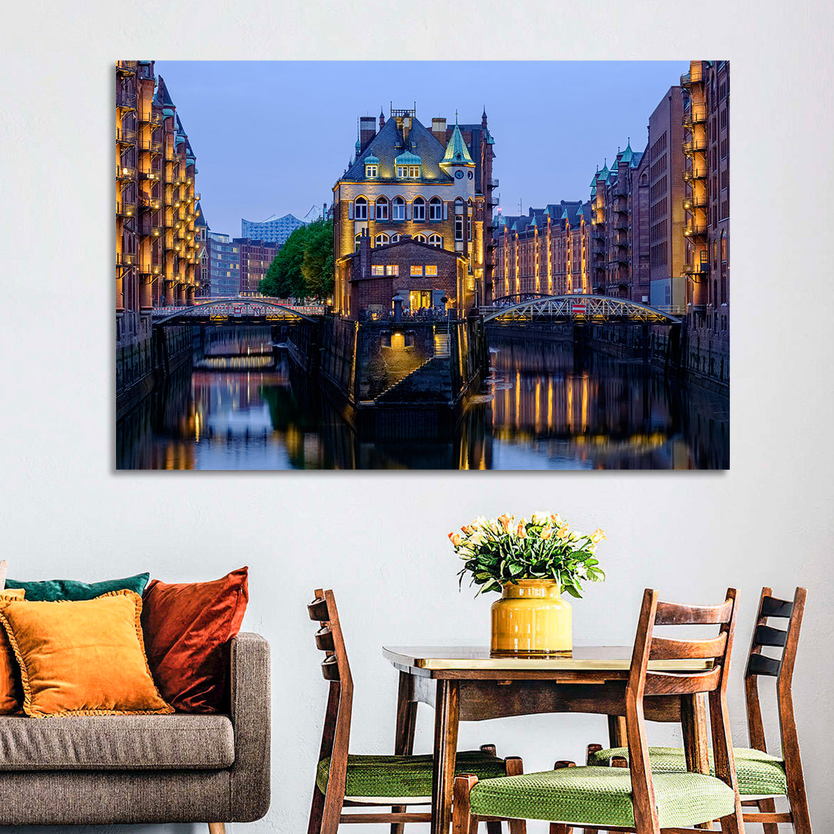 Wasserschloss Blue Hour Reflections Wall Art in a room, landscape