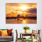 Golden Hour Airliner on Wet Runway Wall Art