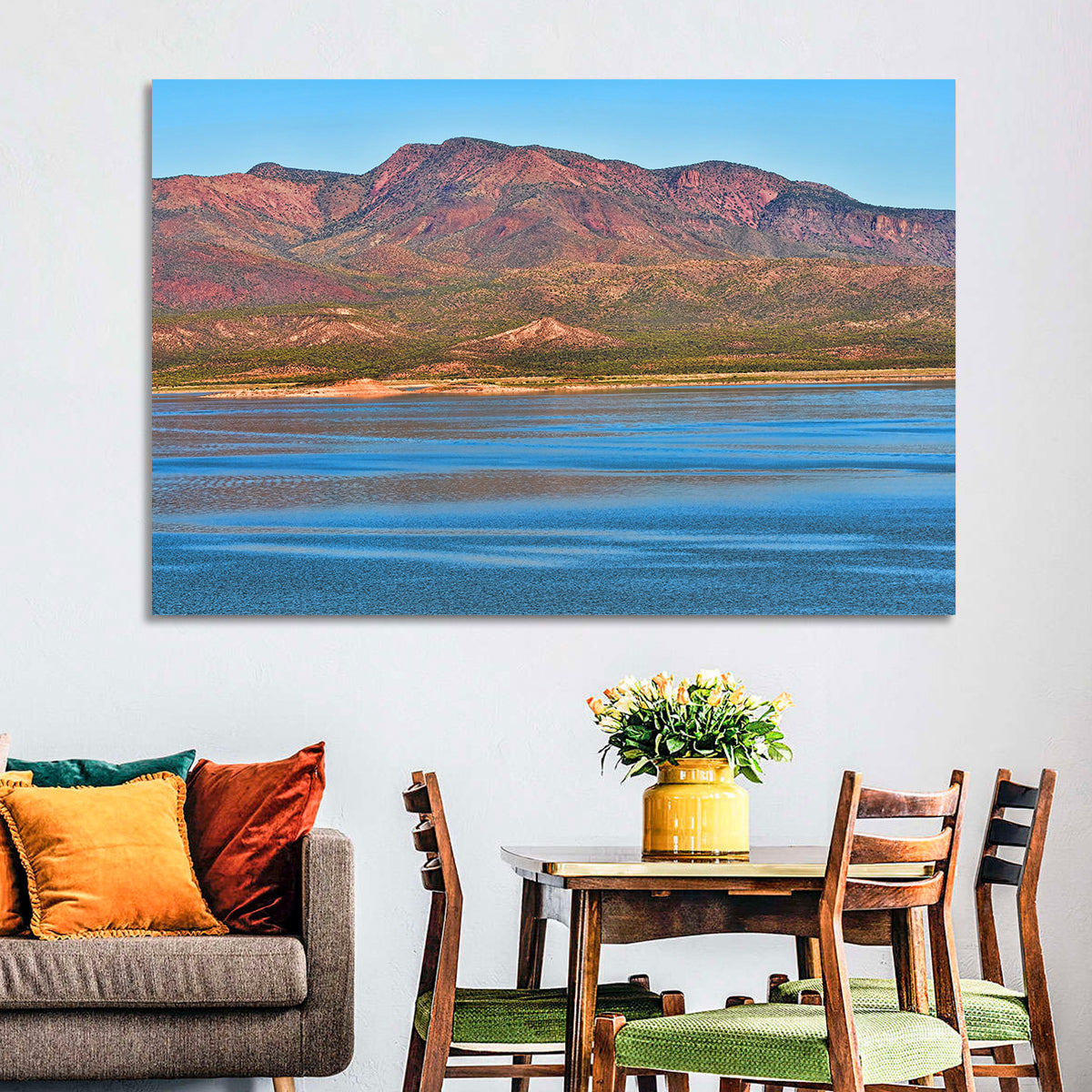 Blue Roosevelt Lake Vista Wall Art in a room, landscape