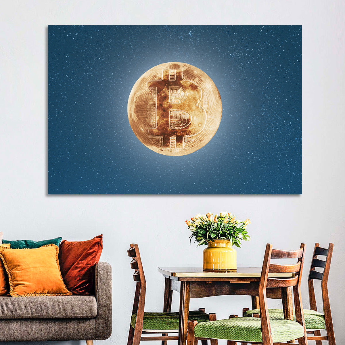 Bitcoin Circuit Moon Wall Art in a room, landscape