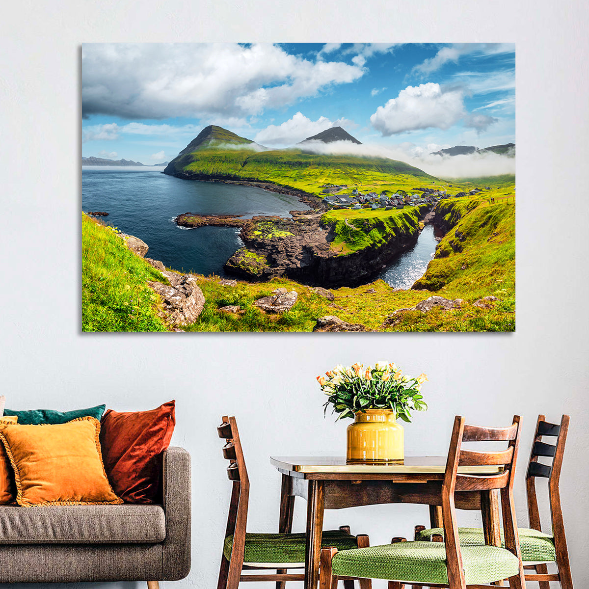 Gjógv Harbor Coastal Village Wall Art in a room, landscape