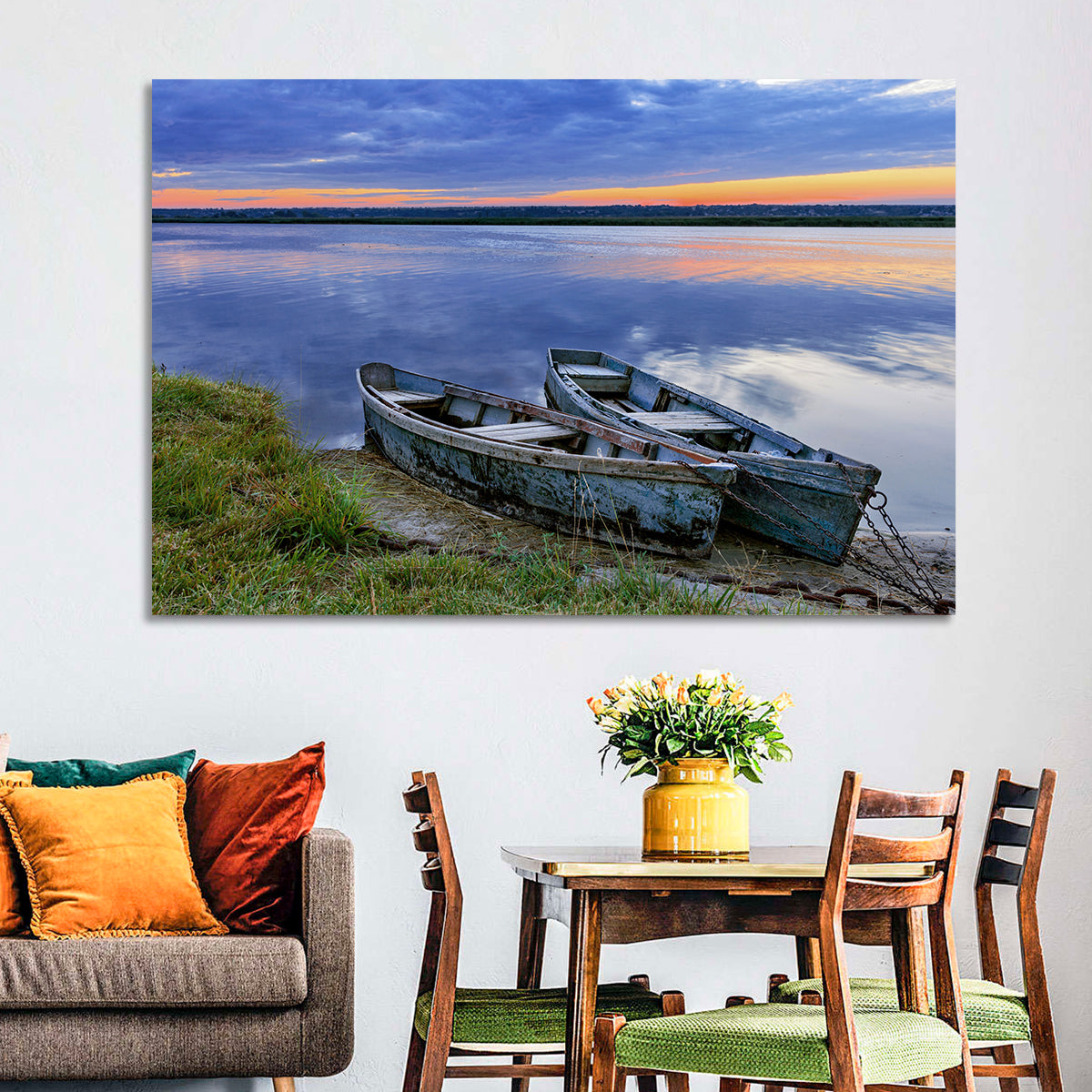 Chained Rowboats at Dusk Wall Art in a room, landscape