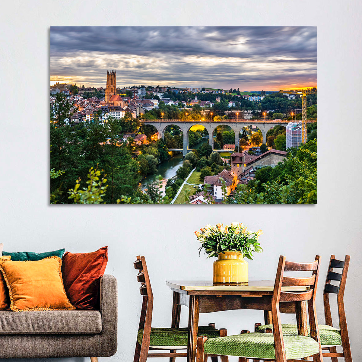 Zähringen Bridge at Twilight, Fribourg Wall Art in a room, landscape