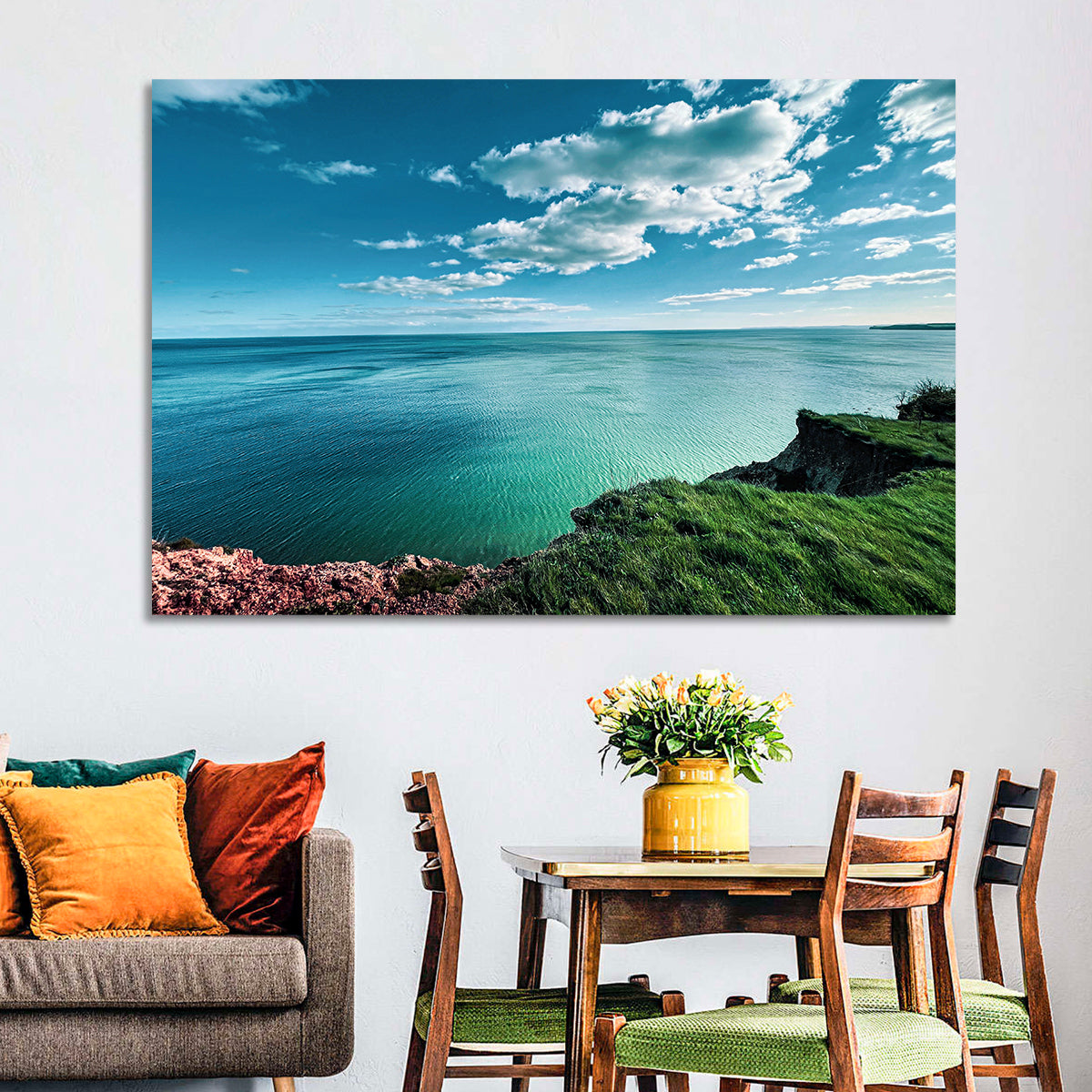 Coastal Cliffs Above a Turquoise Sea Wall Art in a room, landscape