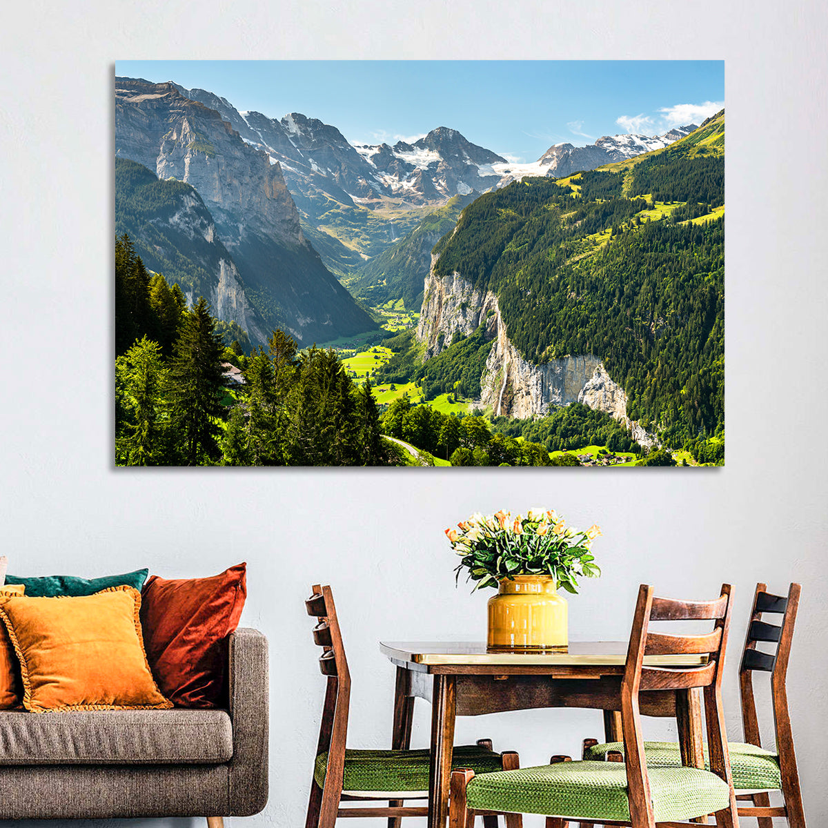 Lauterbrunnen Valley Waterfall View Wall Art in a room, landscape