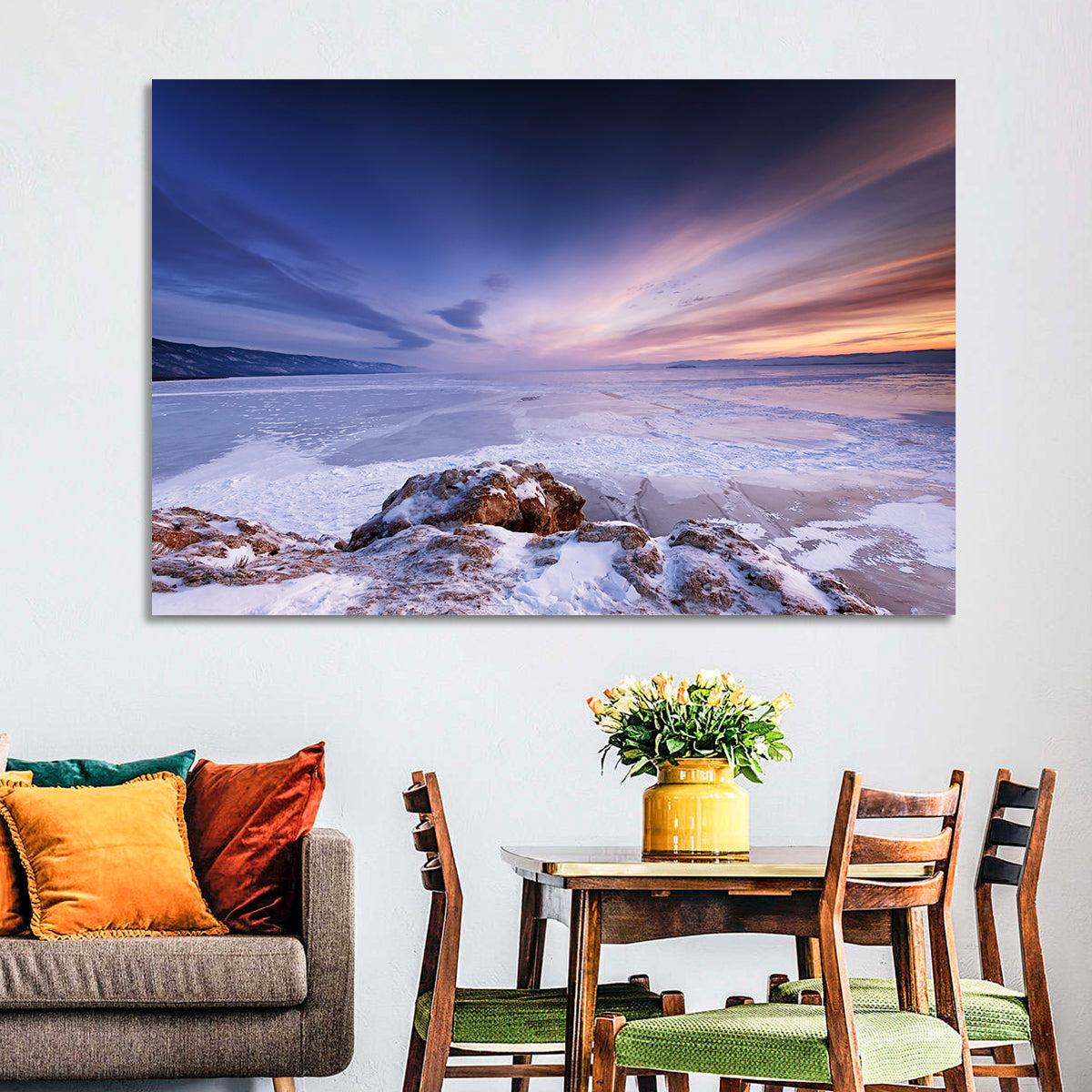 Frozen Lake Ice and Sunset Sky Wall Art in a room, landscape