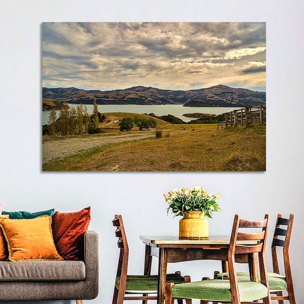Akaroa Lake Gravel Path View Wall Art in a room, landscape