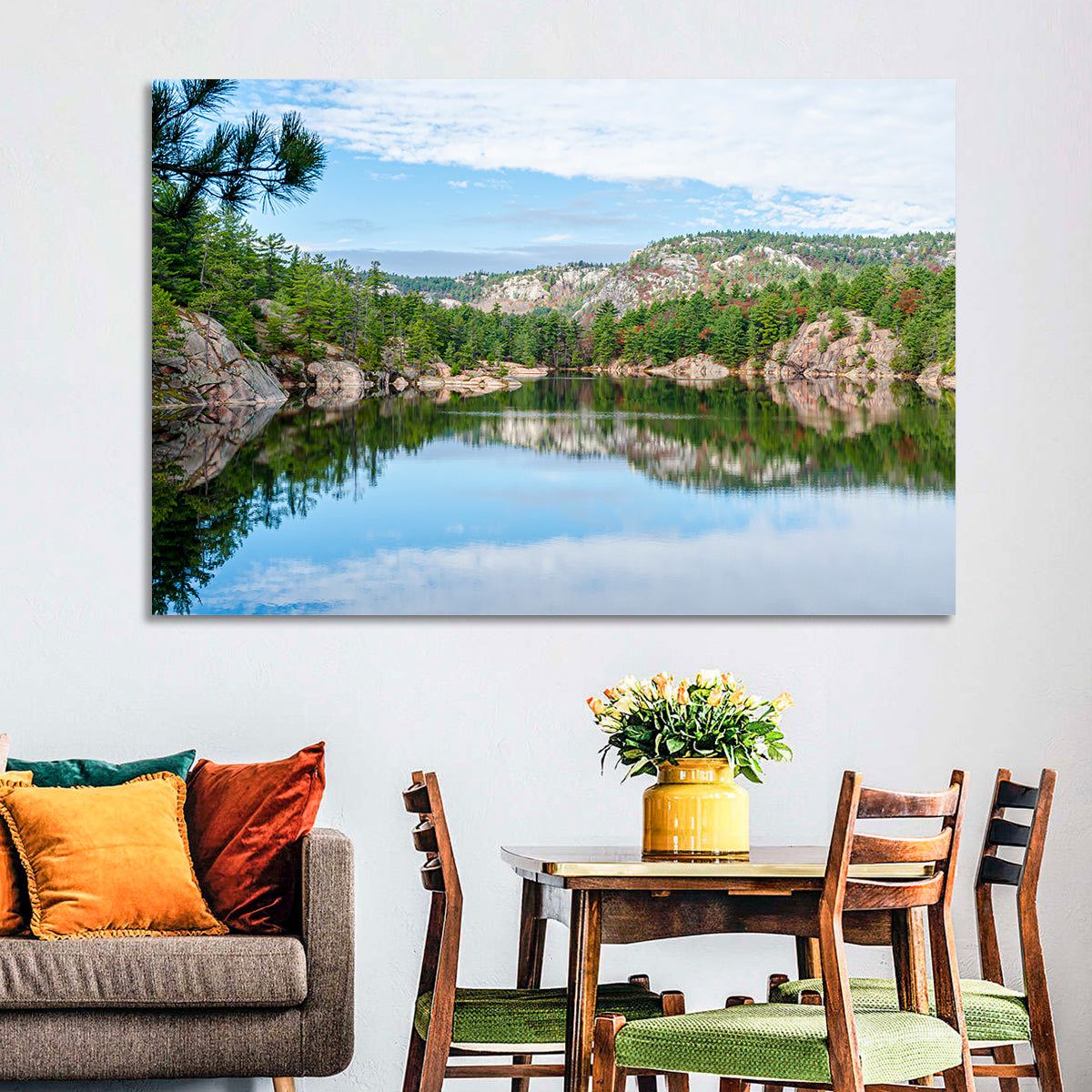 Mirror-quiet Lake and Pines Wall Art in a room, landscape