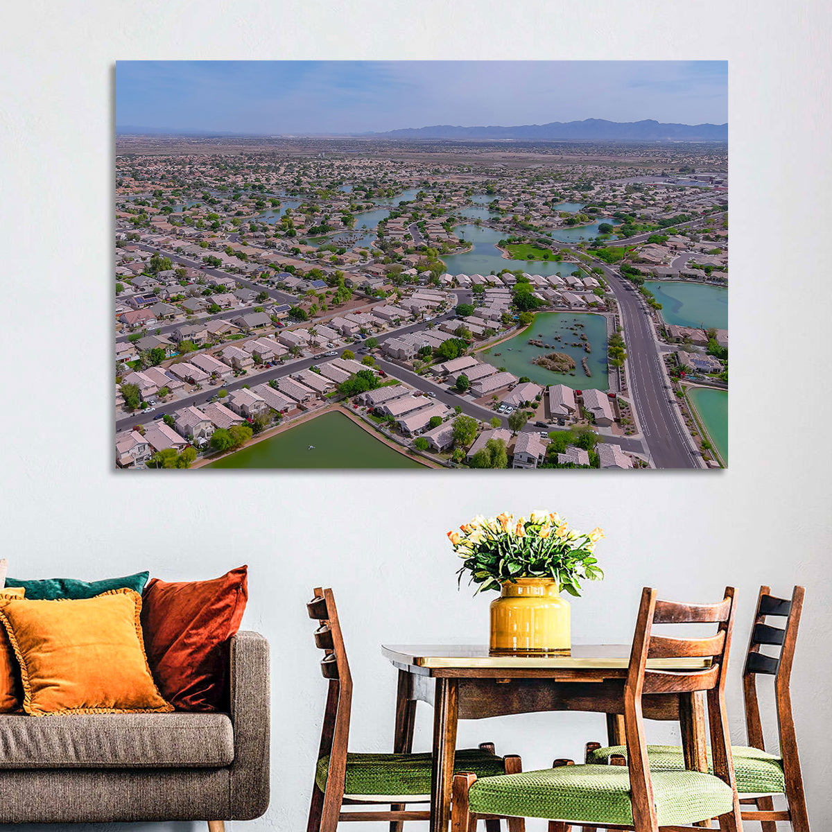 Aerial Desert Suburb with Lakes Wall Art in a room, landscape