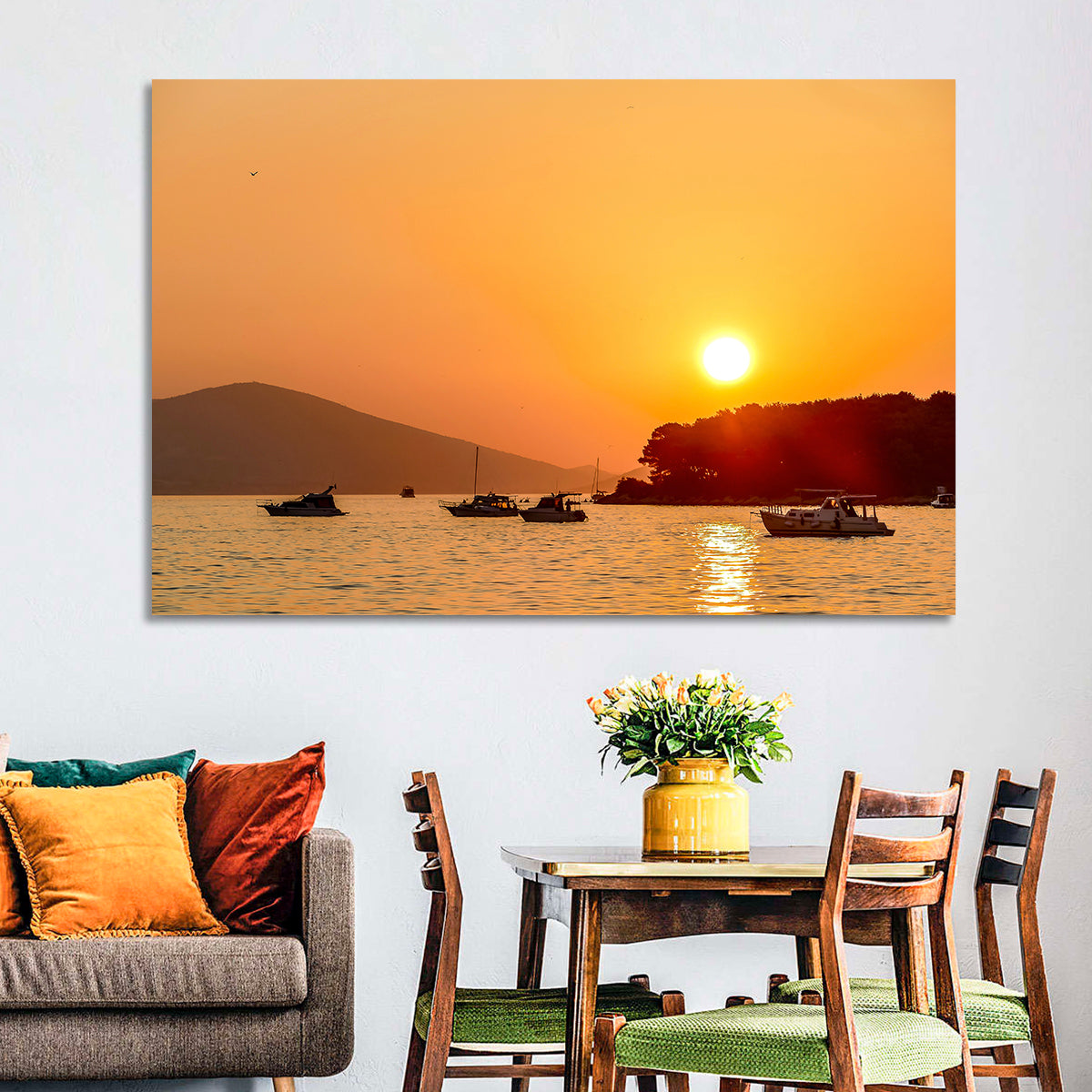 Golden Harbor Sunset Wall Art in a room, landscape